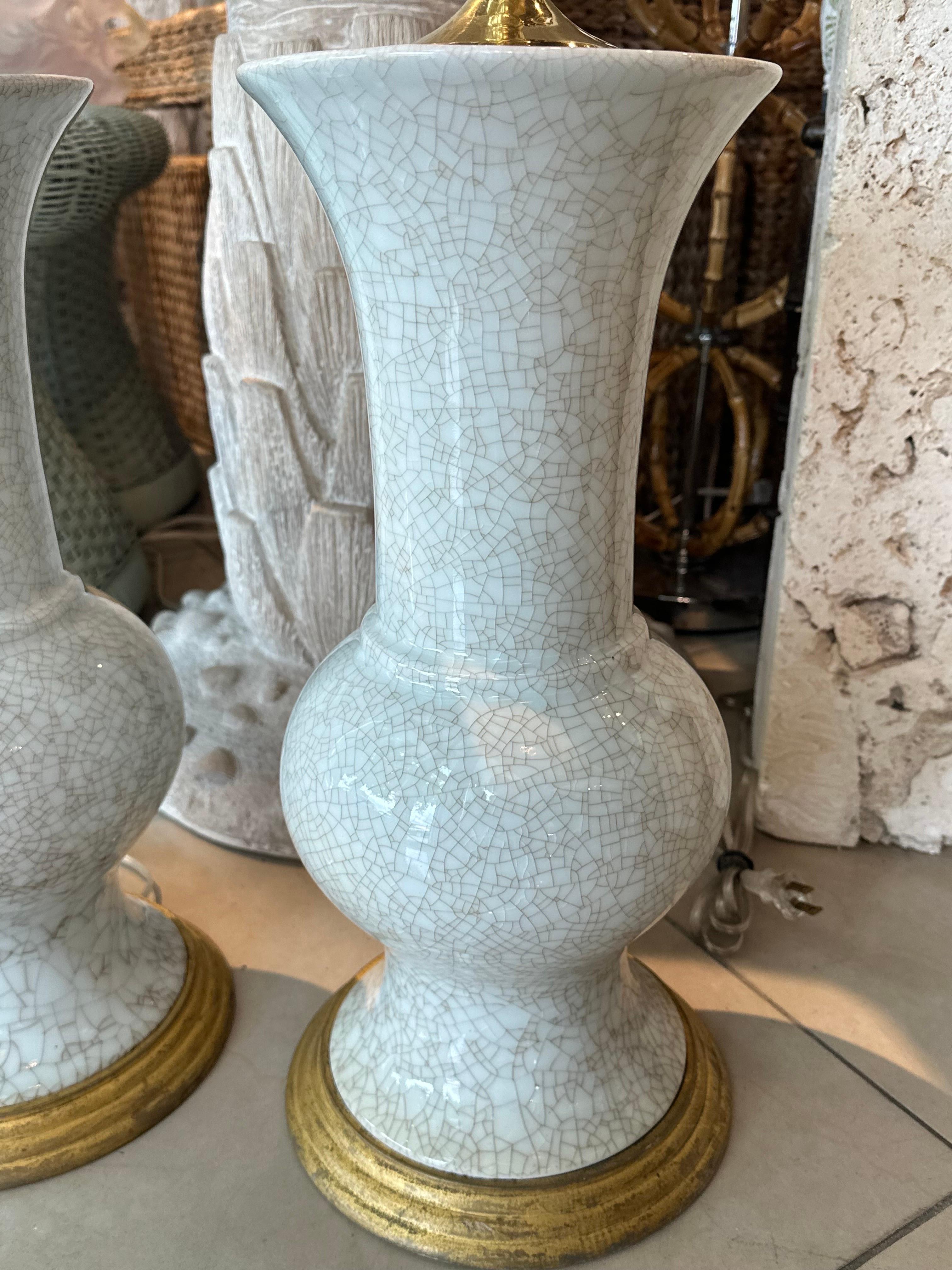 American Vintage Pair of Crackle Glaze Ceramic Table Lamps Brass Palm Beach Newly Wired