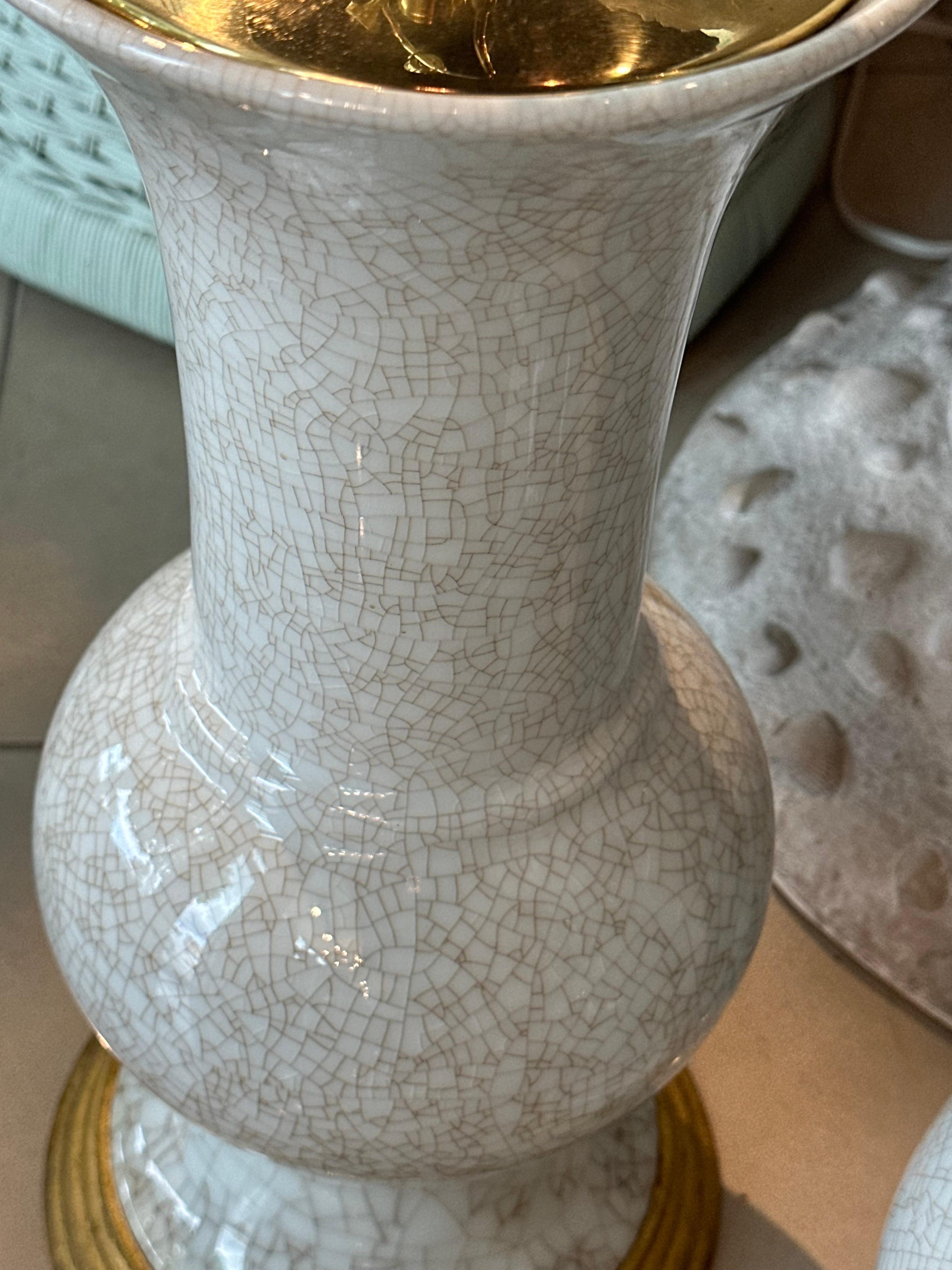 Late 20th Century Vintage Pair of Crackle Glaze Ceramic Table Lamps Brass Palm Beach Newly Wired