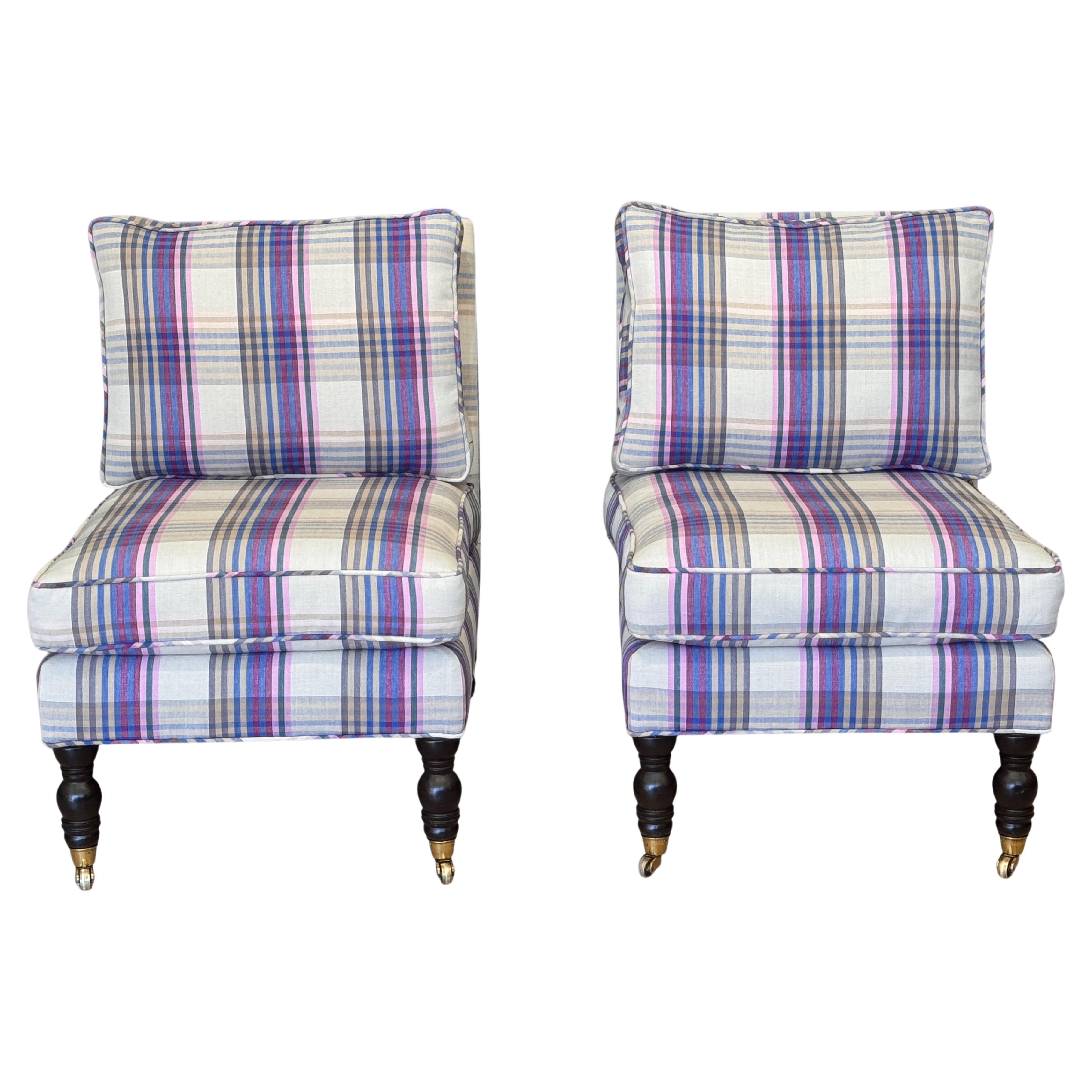 Vintage Pair of Custom-Upholstered English-Style Slipper Chairs For Sale