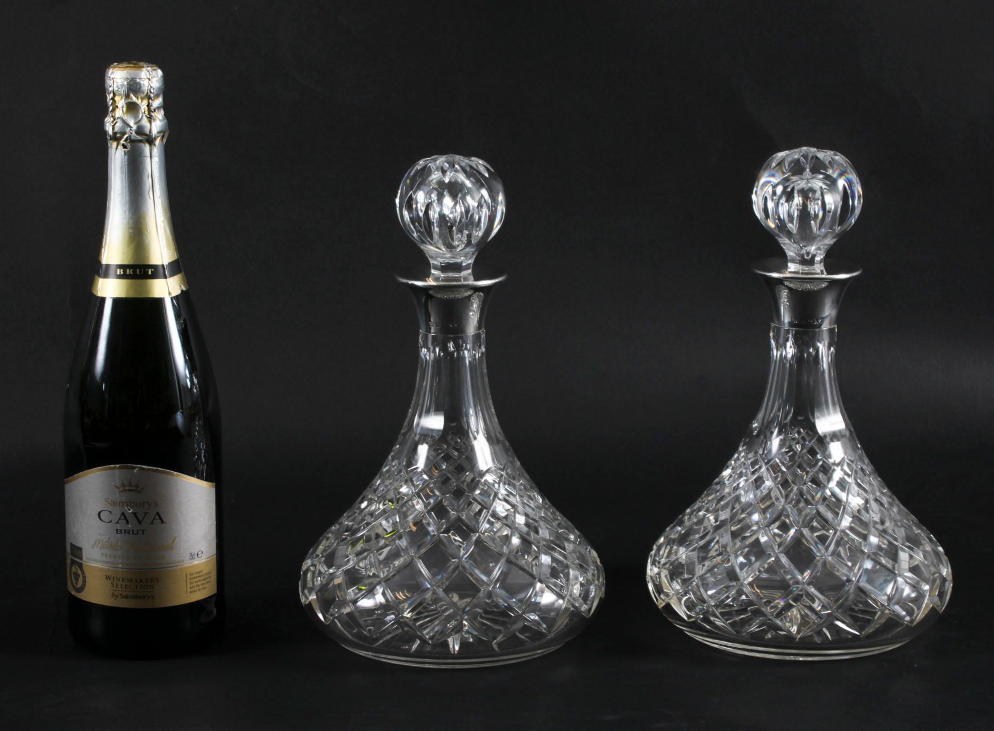 Vintage Pair of Cut Crystal Glass Silver Mounted Decanters Birmingham 1972 For Sale 6