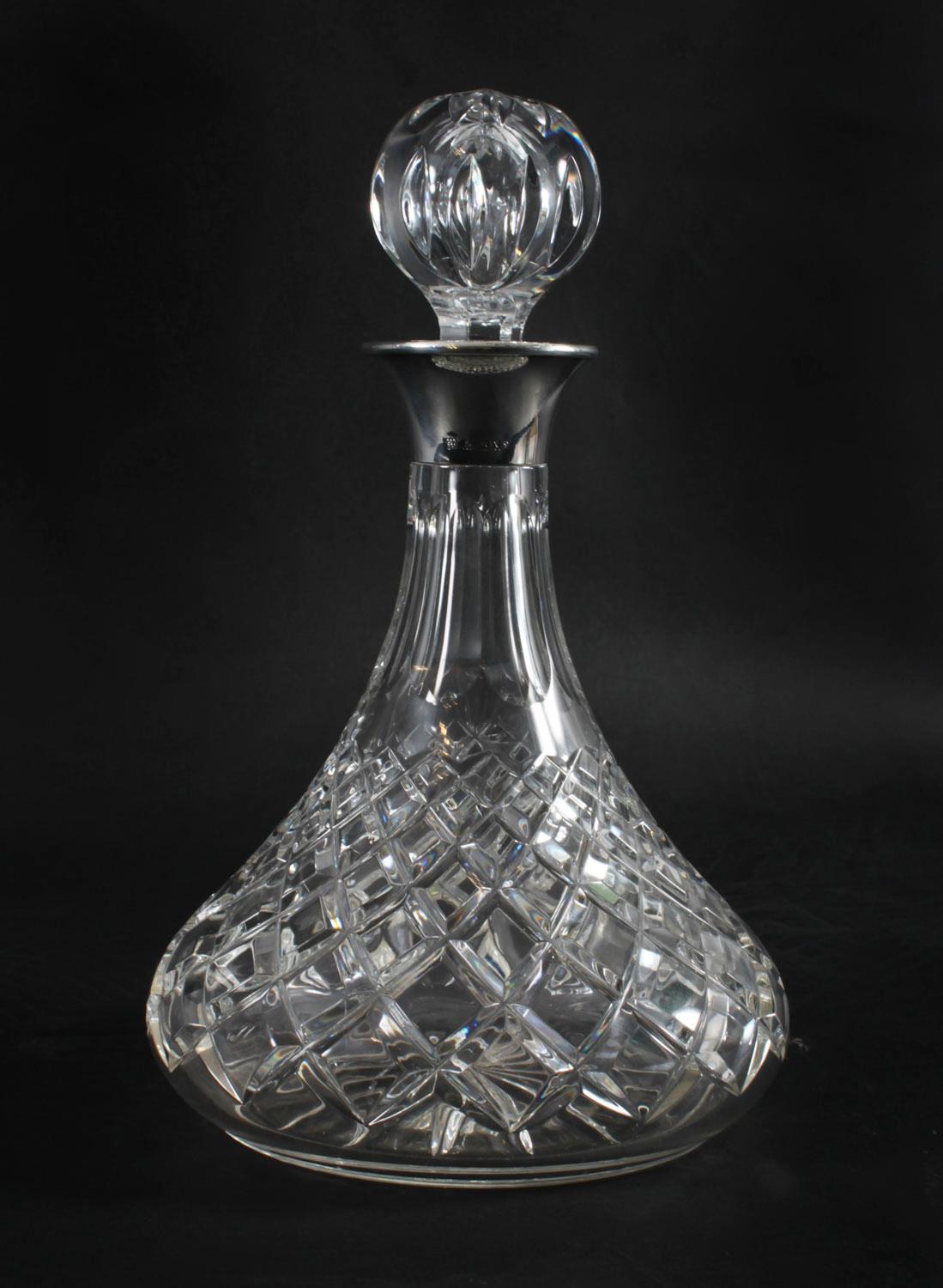 Late 20th Century Vintage Pair of Cut Crystal Glass Silver Mounted Decanters Birmingham 1972 For Sale