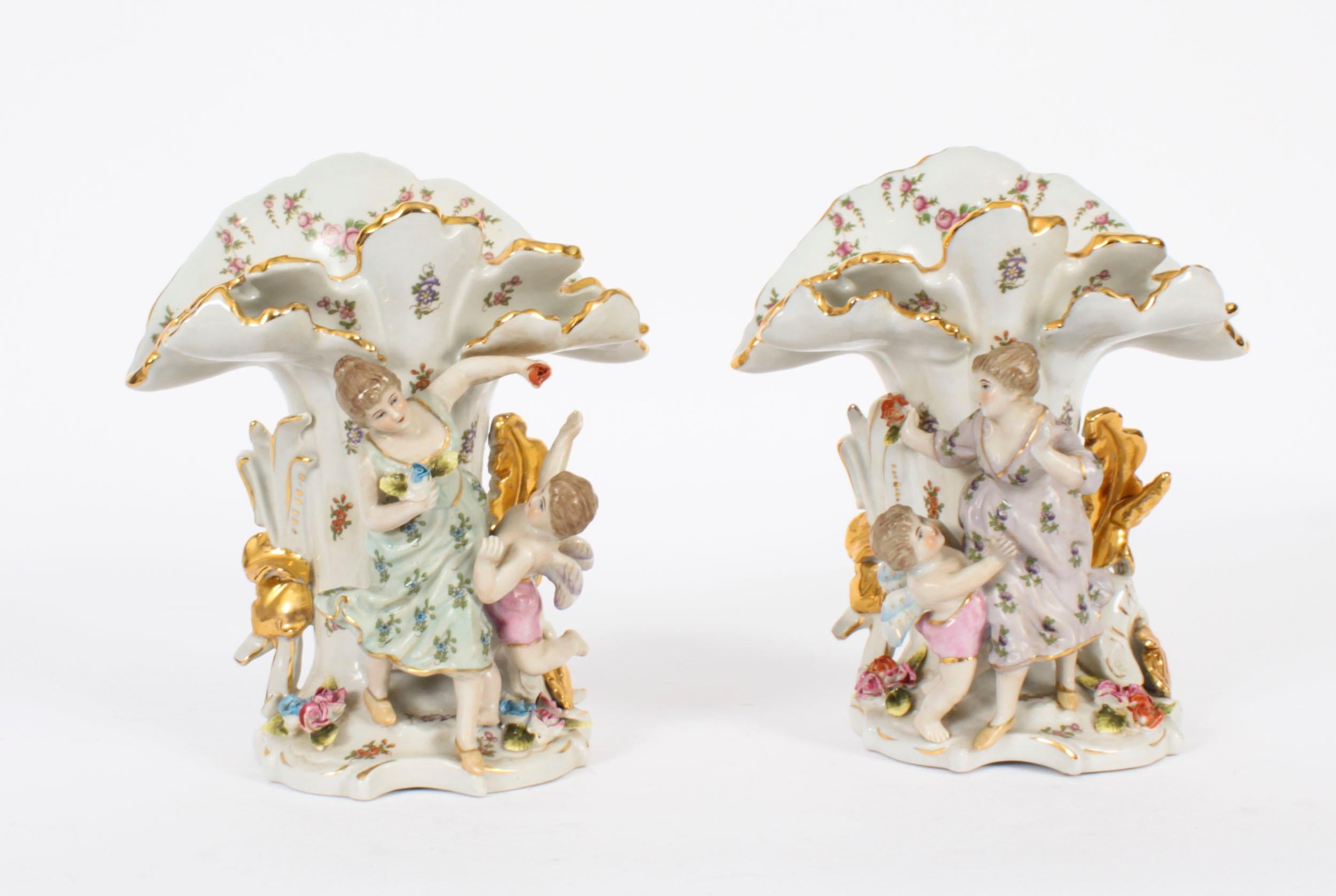 Vintage Pair of Delightful Dresden Style Porcelain Spill Vases 20th Century For Sale 12