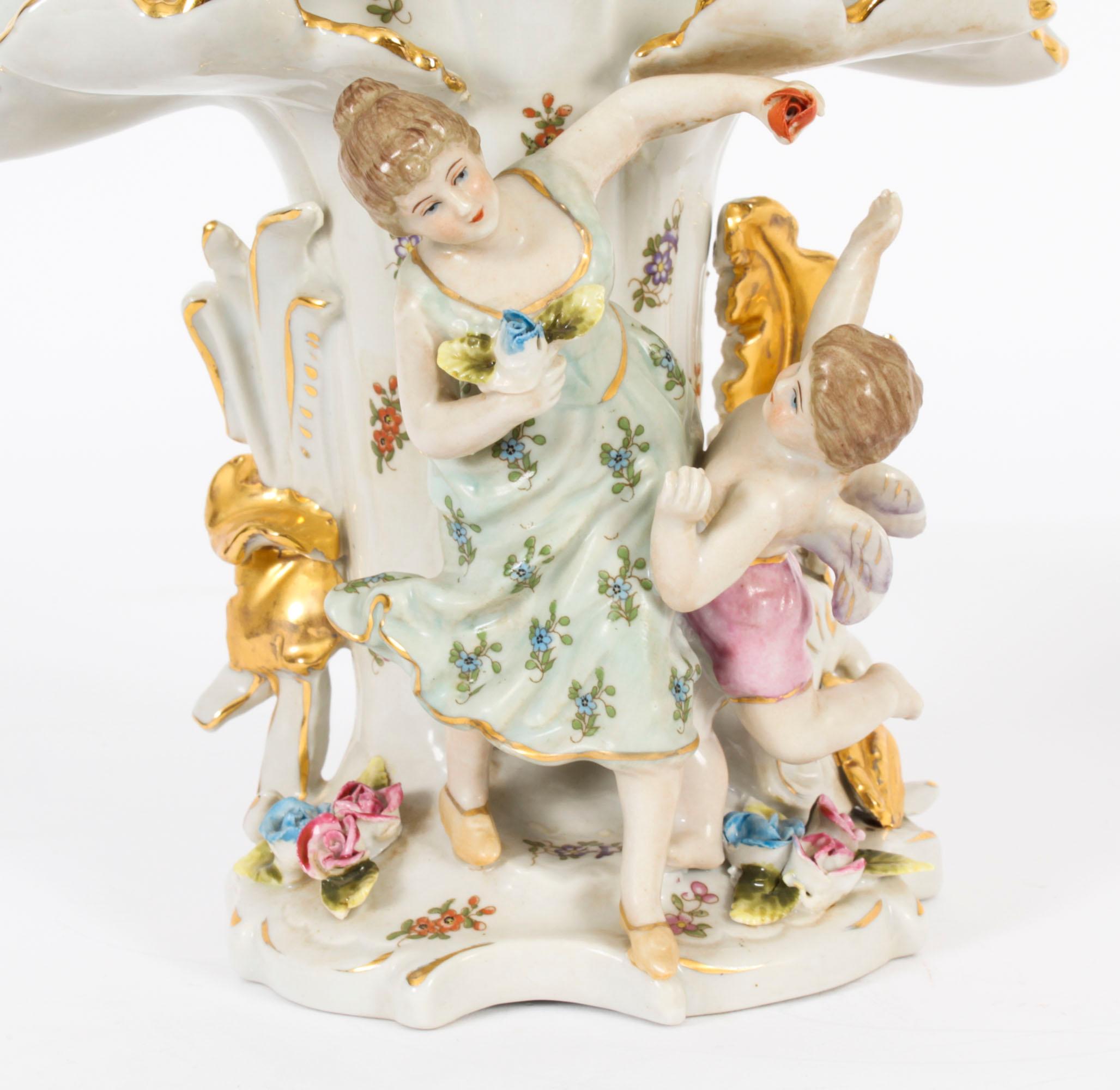 German Vintage Pair of Delightful Dresden Style Porcelain Spill Vases 20th Century For Sale
