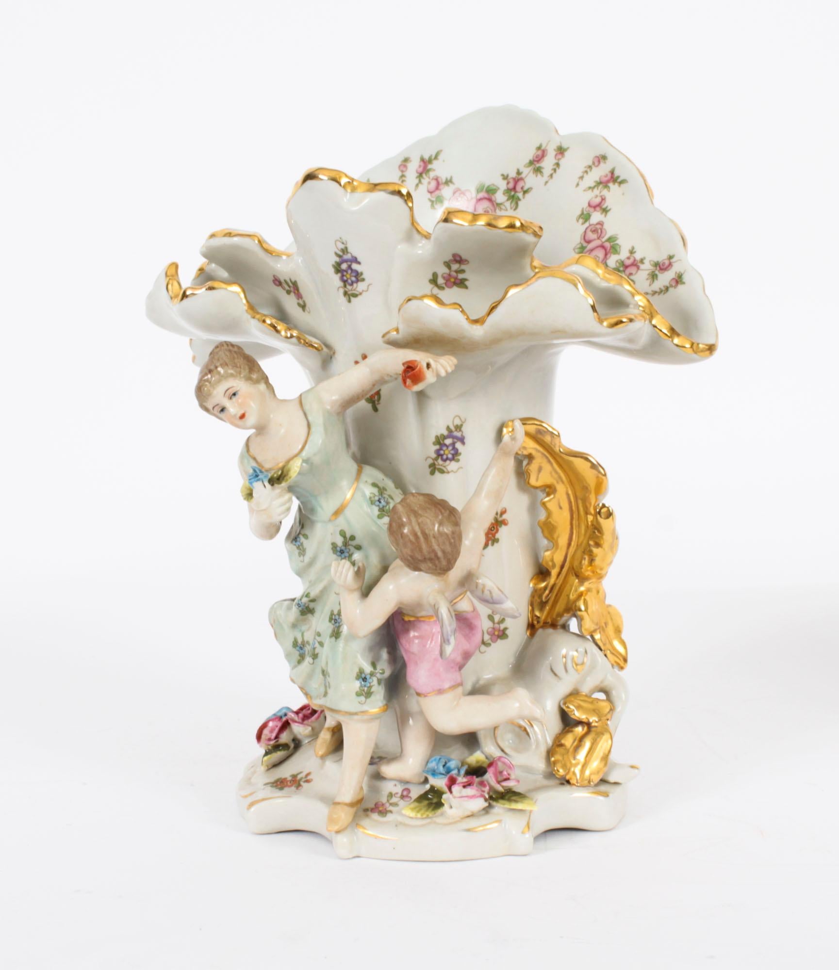 Vintage Pair of Delightful Dresden Style Porcelain Spill Vases 20th Century For Sale 1