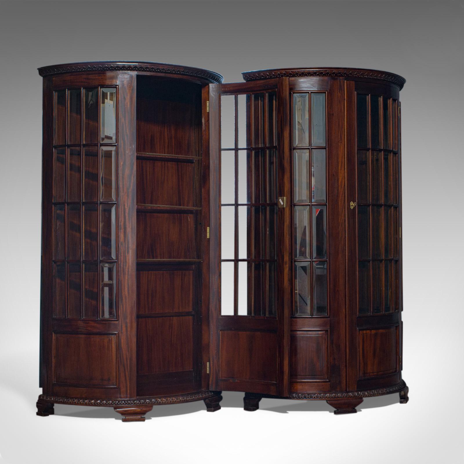 Victorian Vintage Pair of Demilune Display Cabinets, Mahogany, Bow-Front, Glazed