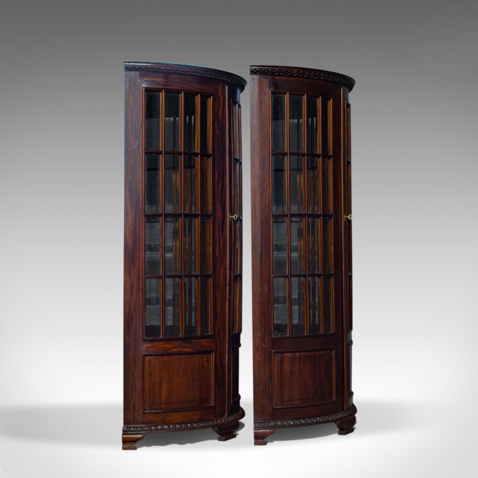 European Vintage Pair of Demilune Display Cabinets, Mahogany, Bow-Front, Glazed