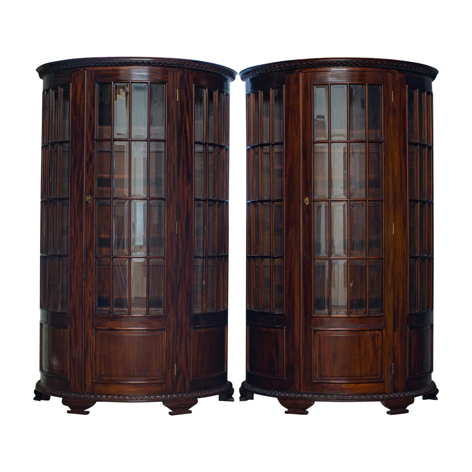 Vintage Pair of Demilune Display Cabinets, Mahogany, Bow-Front, Glazed