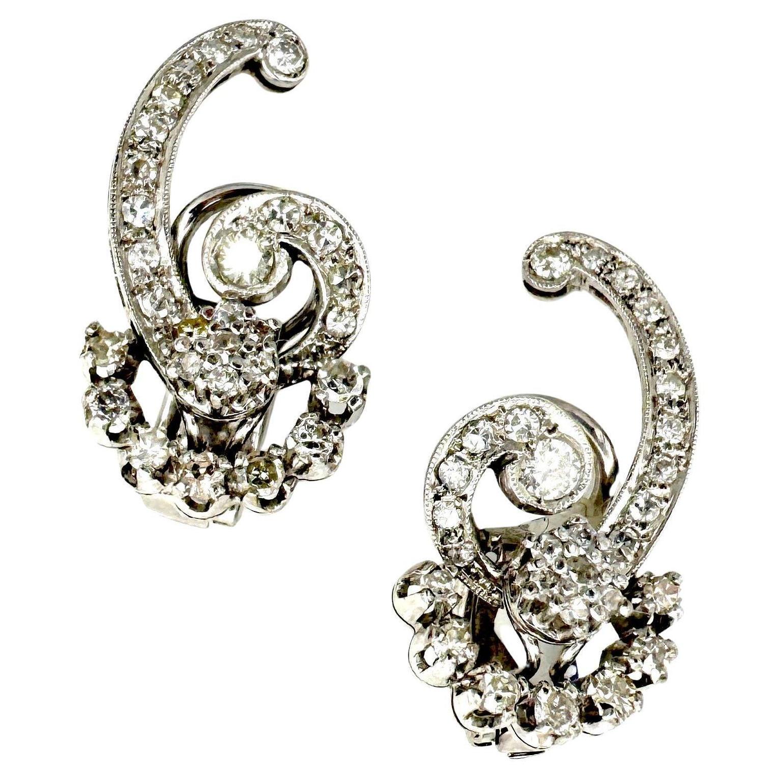Vintage Pair of Diamond Clip-On Earrings White Gold For Sale