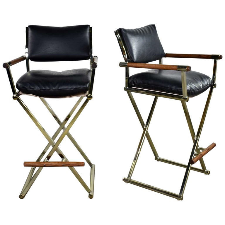 Vintage Pair of Directors Chair Style Bar Stools Brass Plate Oak and Black Vinyl at 1stDibs