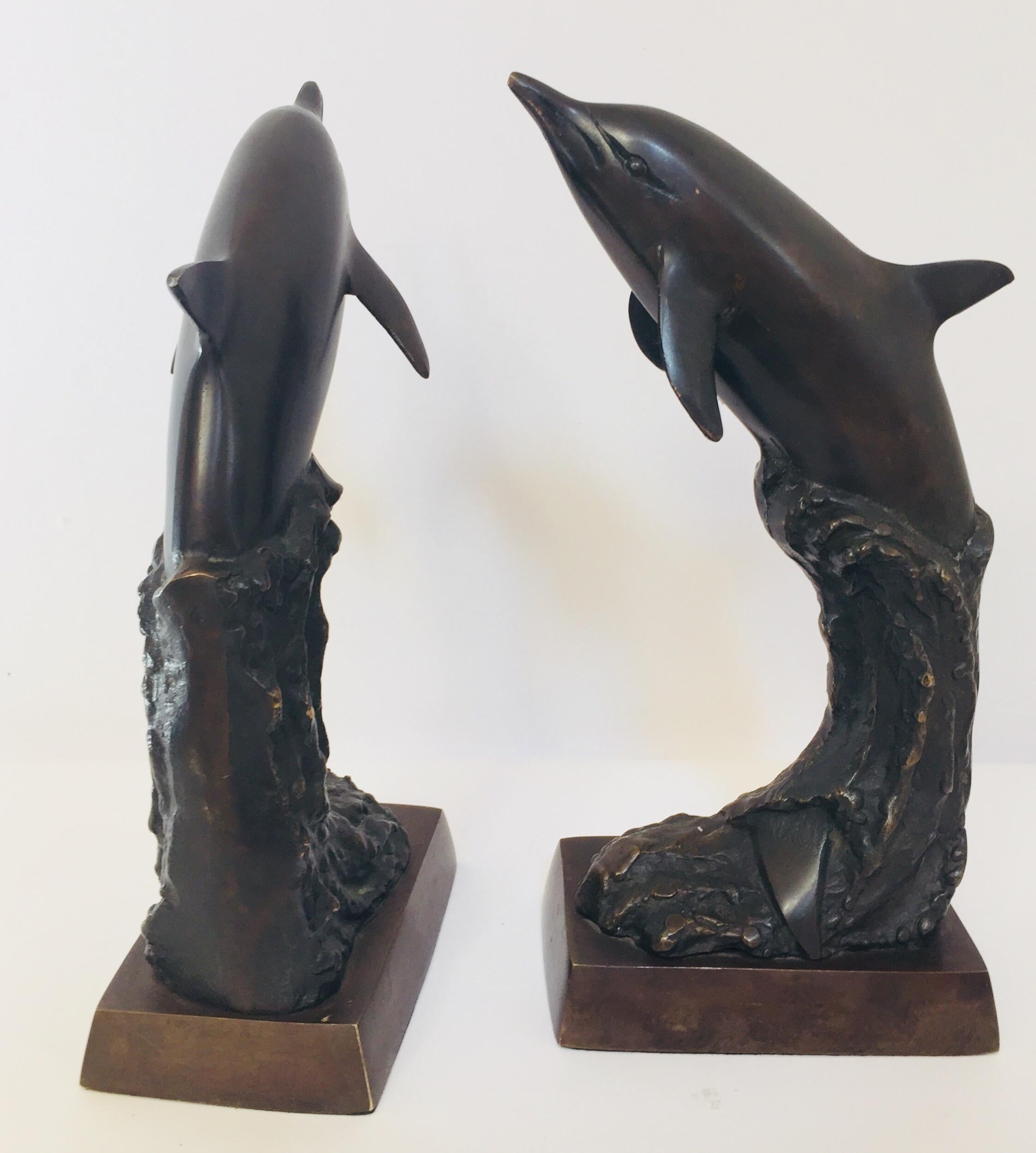 Modern Vintage Pair of Dolphins Bronze Bookends For Sale