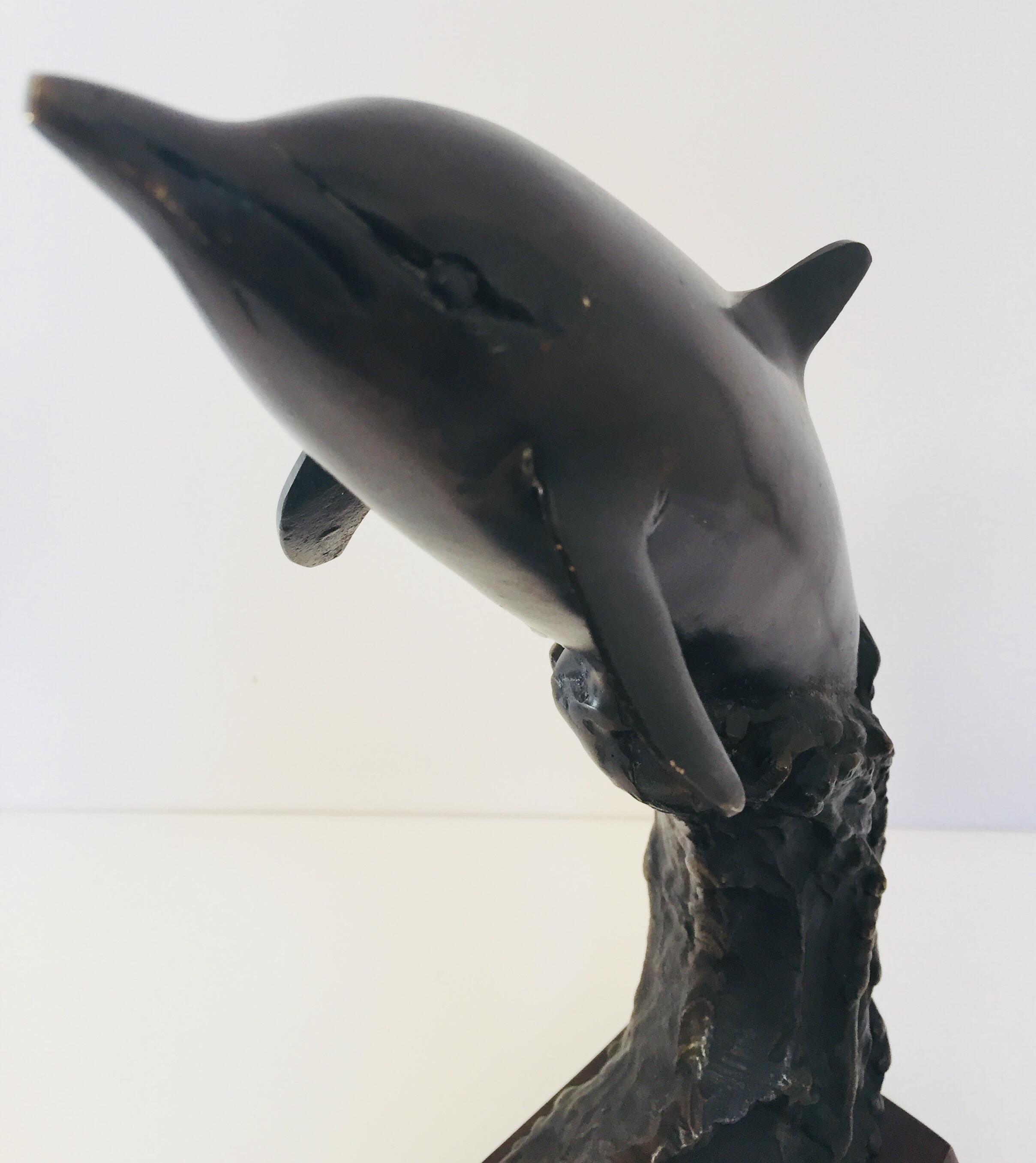 Cast Vintage Pair of Dolphins Bronze Bookends For Sale