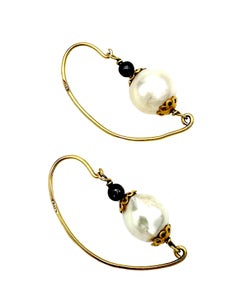 Vintage Pair of Ear Hoops 18K Gold Pearls Hematite Beads