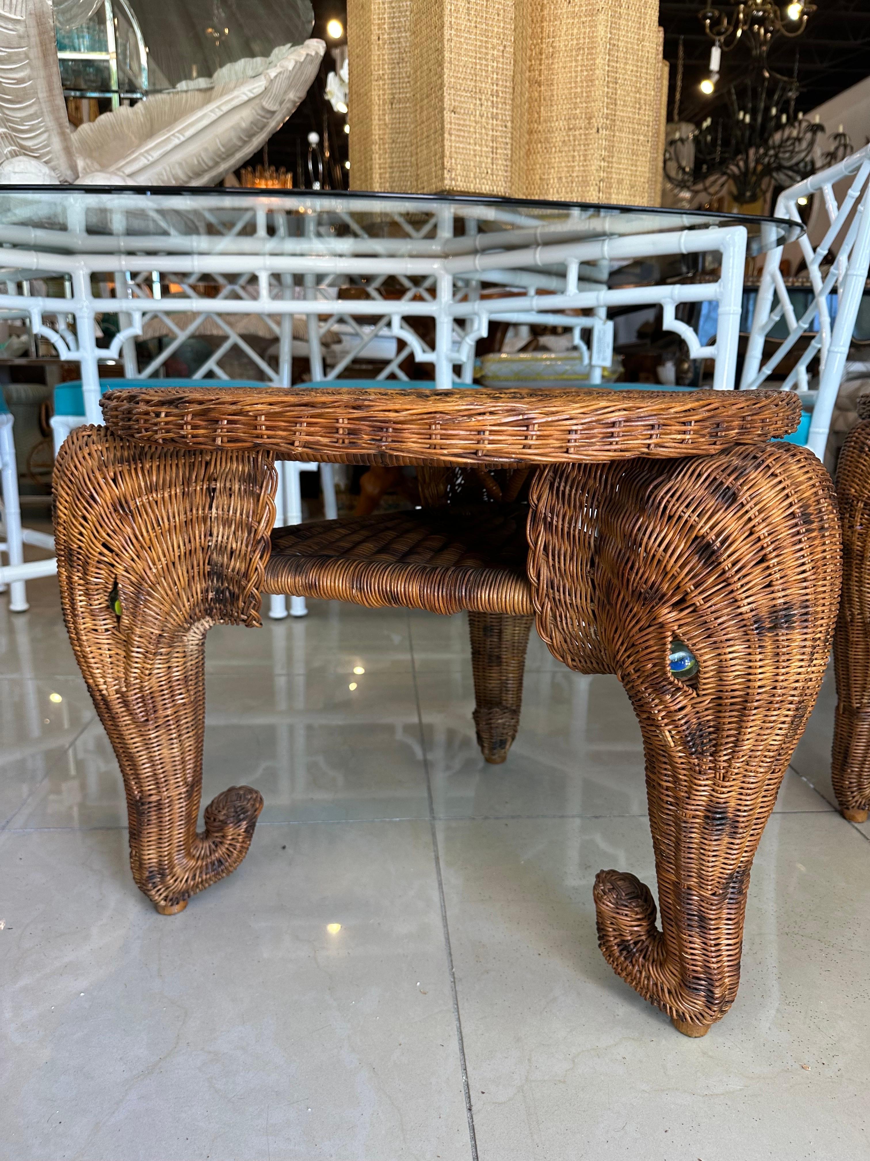 Vintage Pair of Elephant Wicker Rattan End Side Tables Marble Glass Eyes For Sale 5