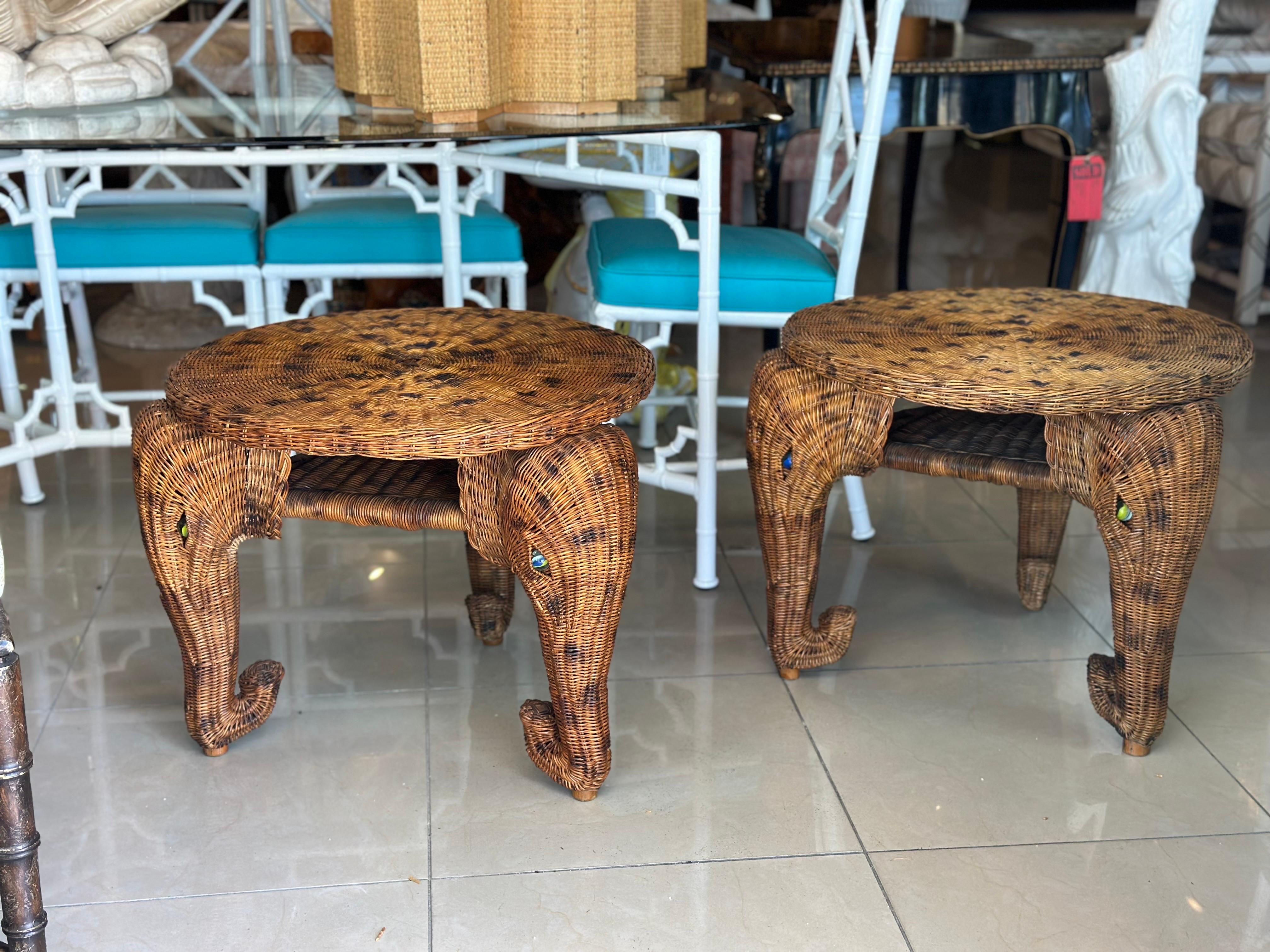 Vintage Pair of Elephant Wicker Rattan End Side Tables Marble Glass Eyes For Sale 6