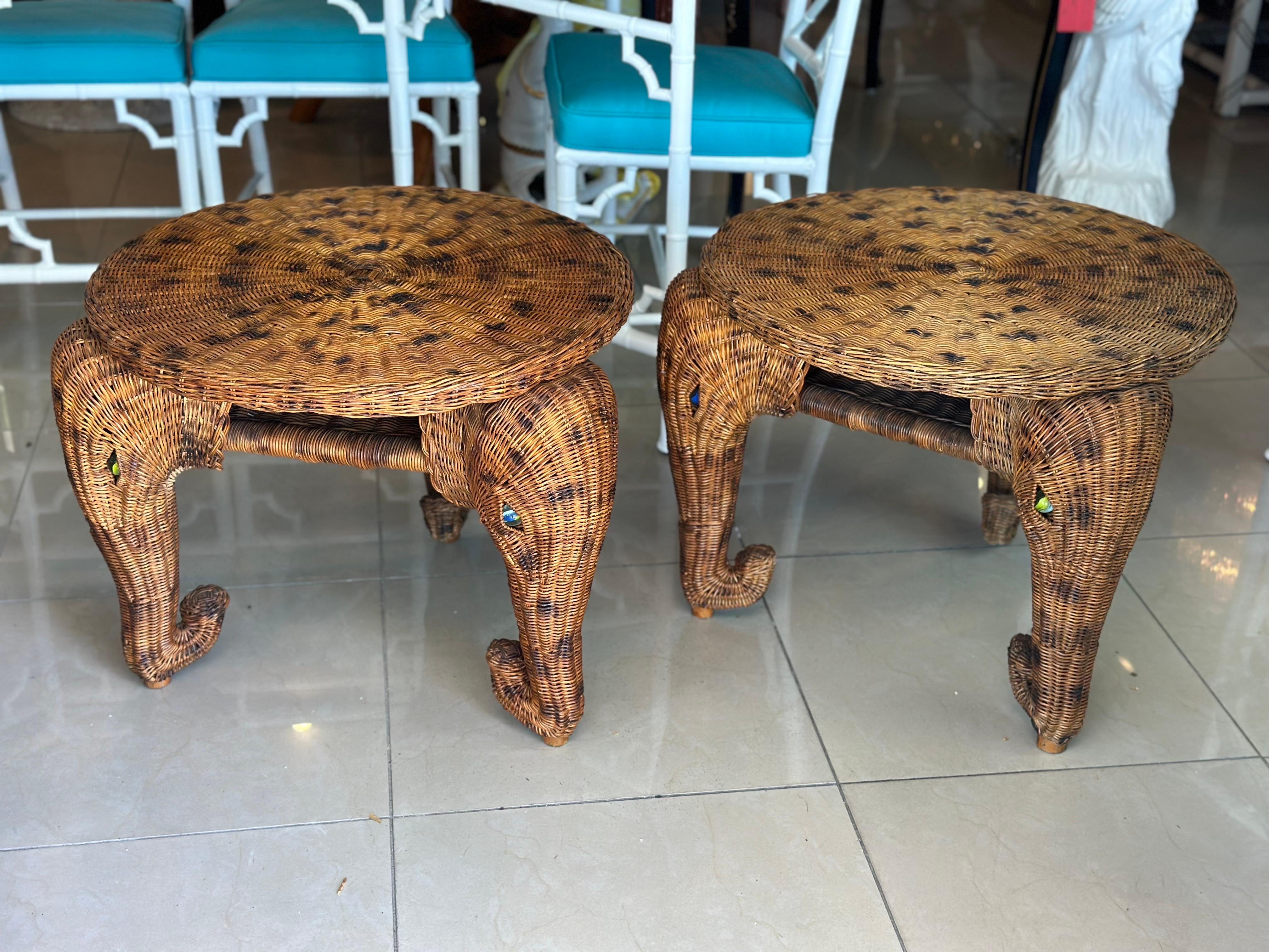 Vintage Pair of Elephant Wicker Rattan End Side Tables Marble Glass Eyes For Sale 7