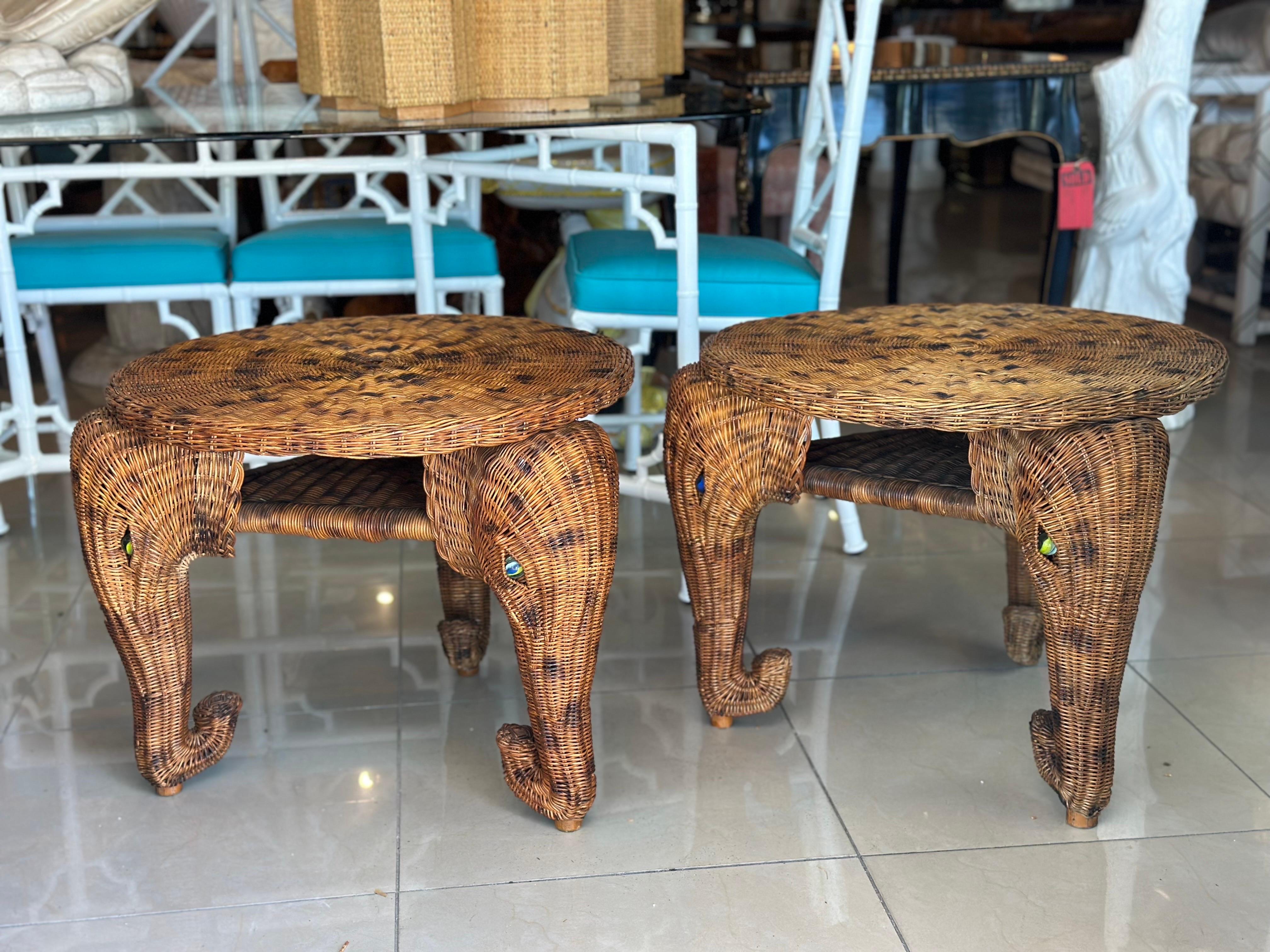 Vintage Pair of Elephant Wicker Rattan End Side Tables Marble Glass Eyes For Sale 8