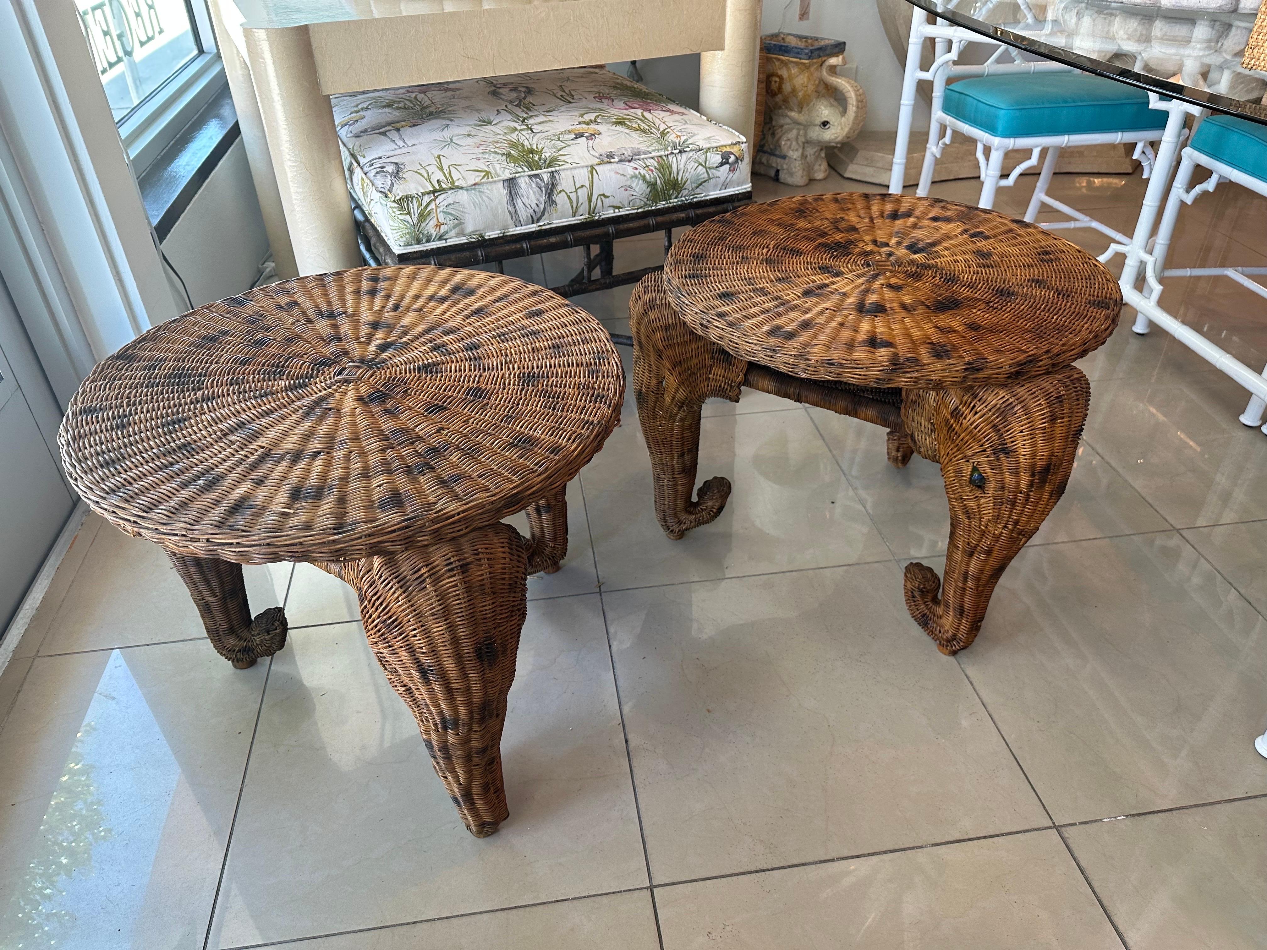 Vintage Pair of Elephant Wicker Rattan End Side Tables Marble Glass Eyes In Good Condition For Sale In West Palm Beach, FL