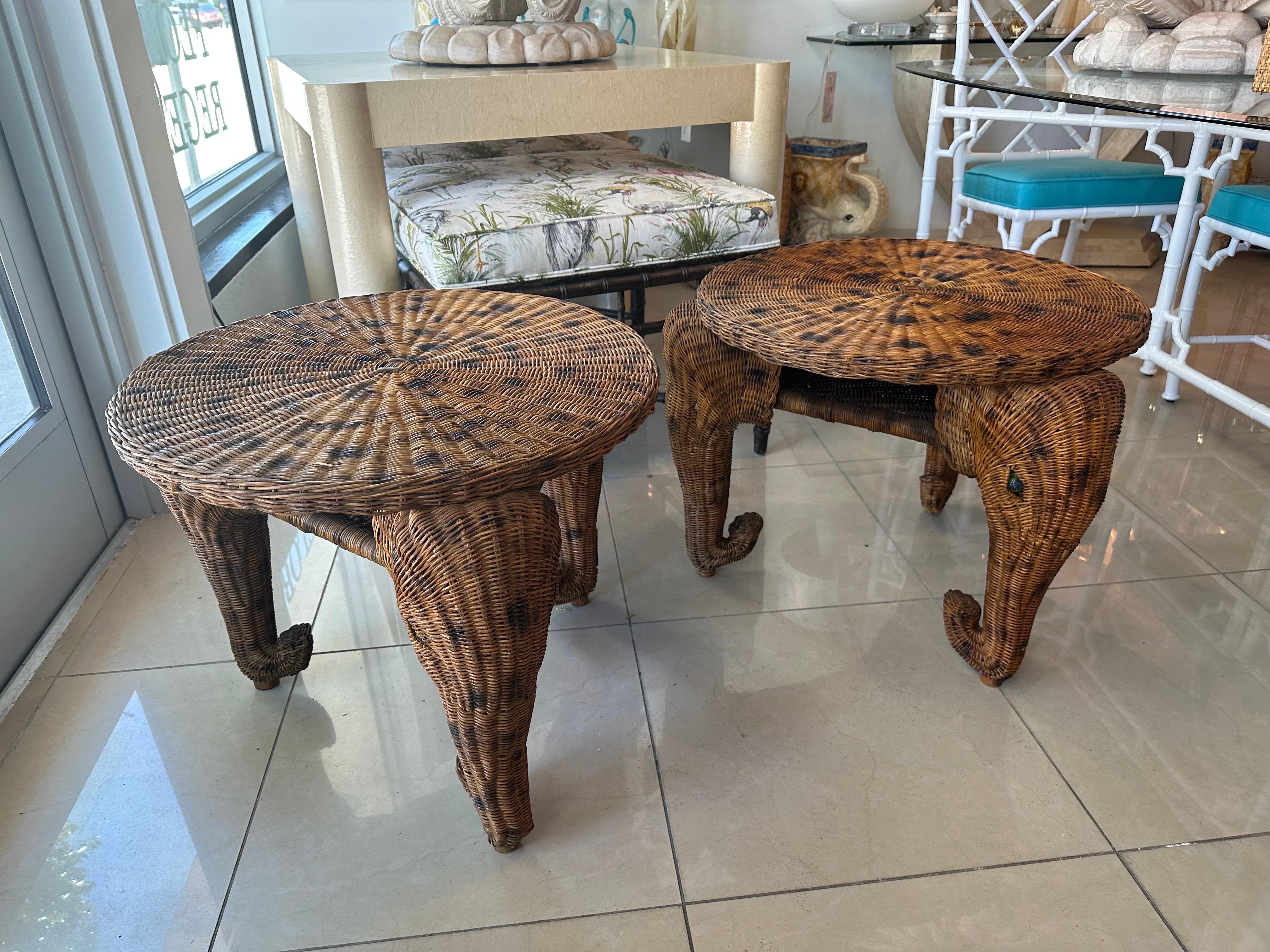 Vintage Pair of Elephant Wicker Rattan End Side Tables Marble Glass Eyes For Sale 1