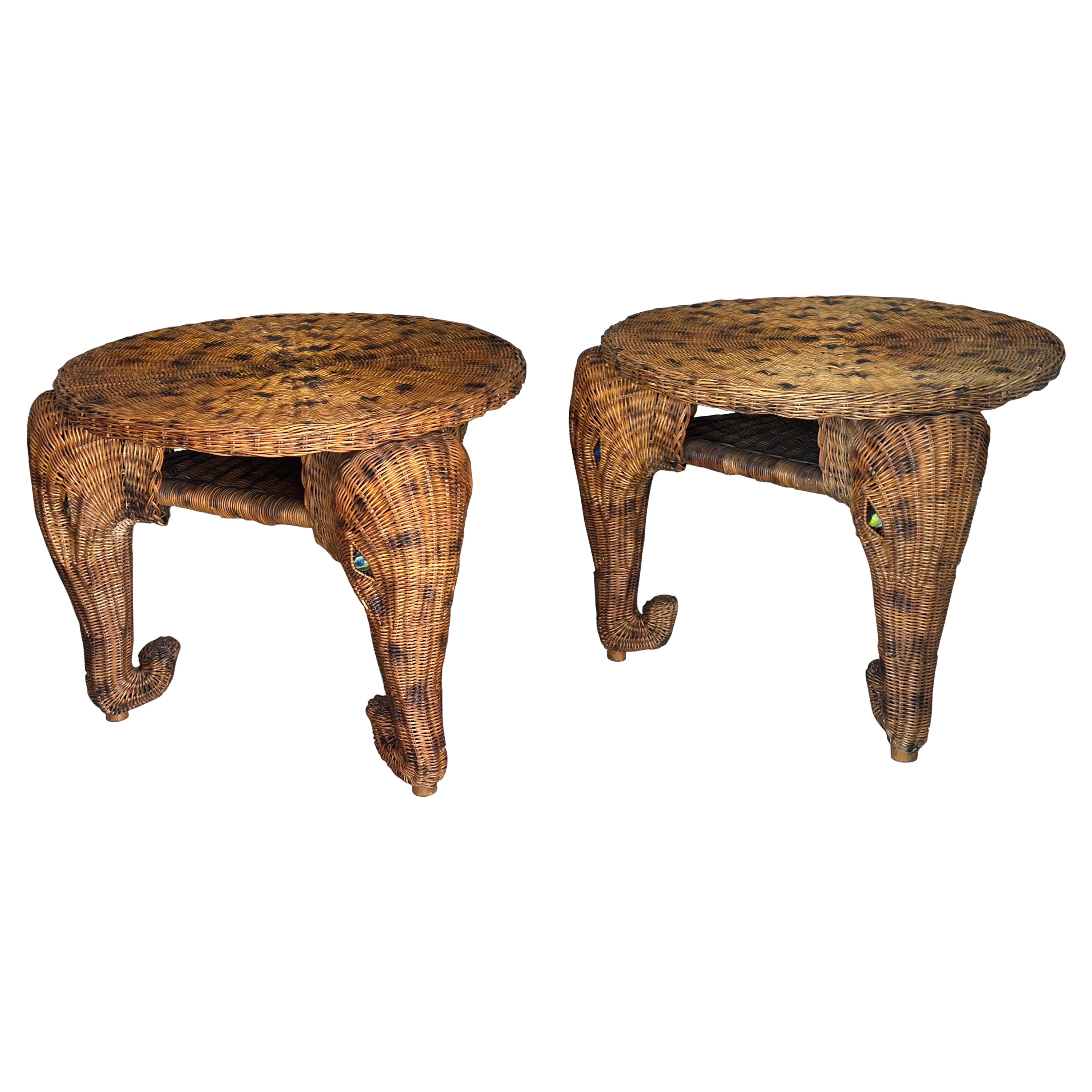Vintage Pair of Elephant Wicker Rattan End Side Tables Marble Glass Eyes