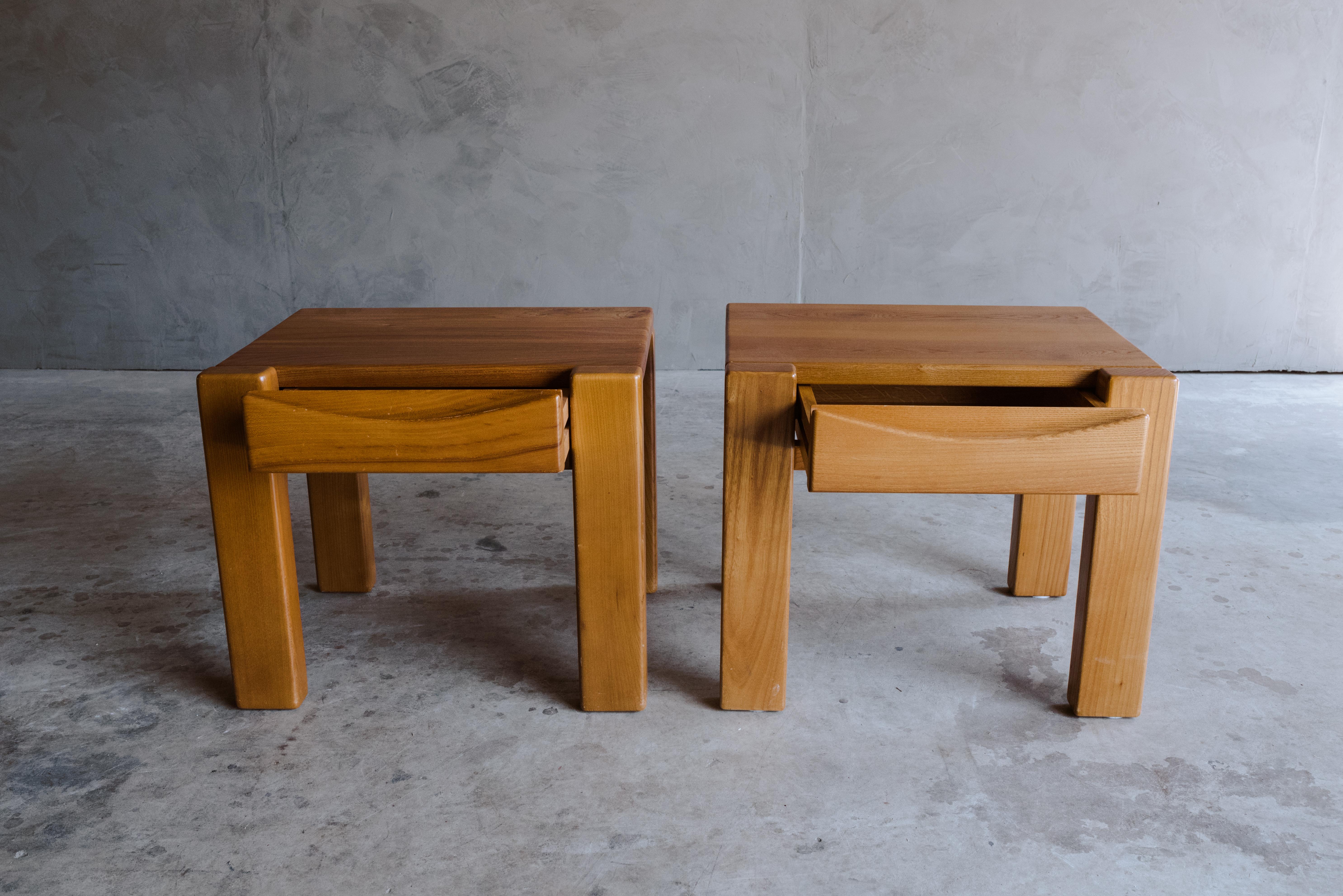 Vintage pair of elm bedside tables from France, Circa 1960. Solid elm construction with one drawer. Light wear and use.