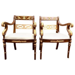 Vintage Pair of Empire Revival Mahogany and Giltwood Armchairs, 20th Century