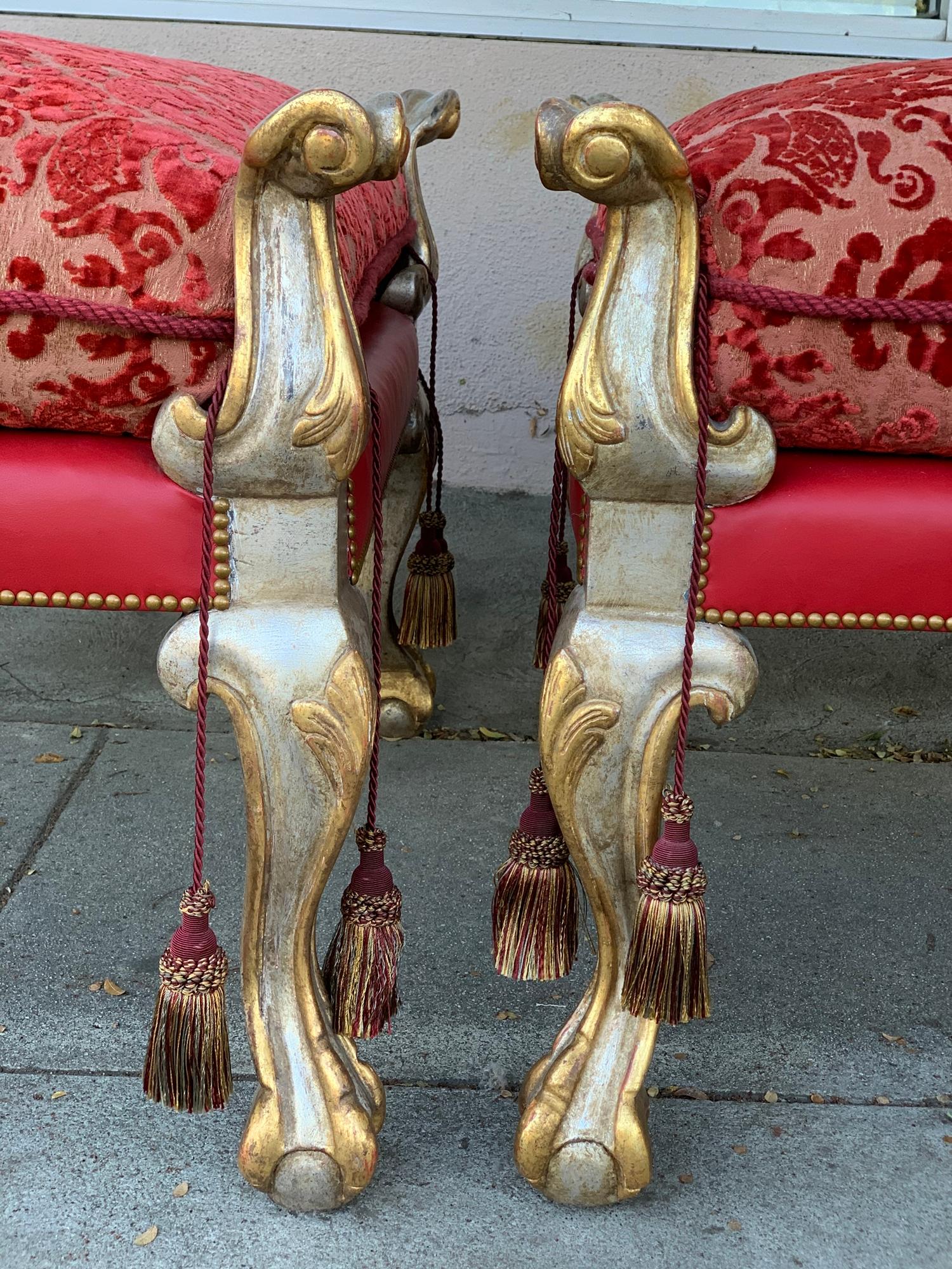 Vintage Pair of Empire Style Benches with a Gold and Silver Gilded Frames 8