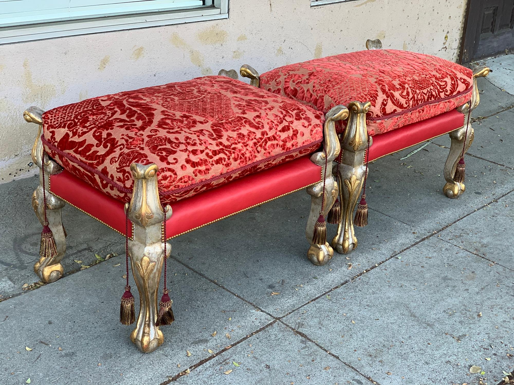American Vintage Pair of Empire Style Benches with a Gold and Silver Gilded Frames