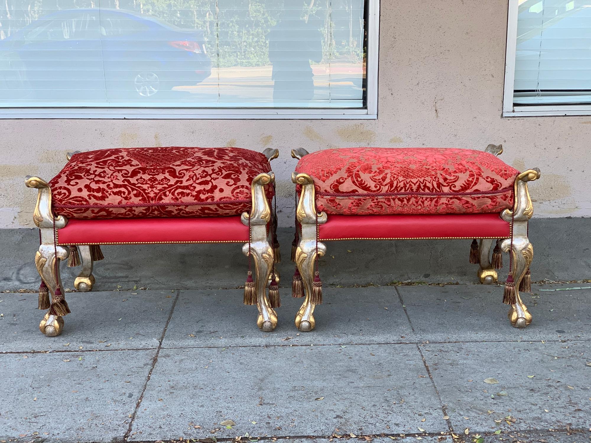 Gilt Vintage Pair of Empire Style Benches with a Gold and Silver Gilded Frames