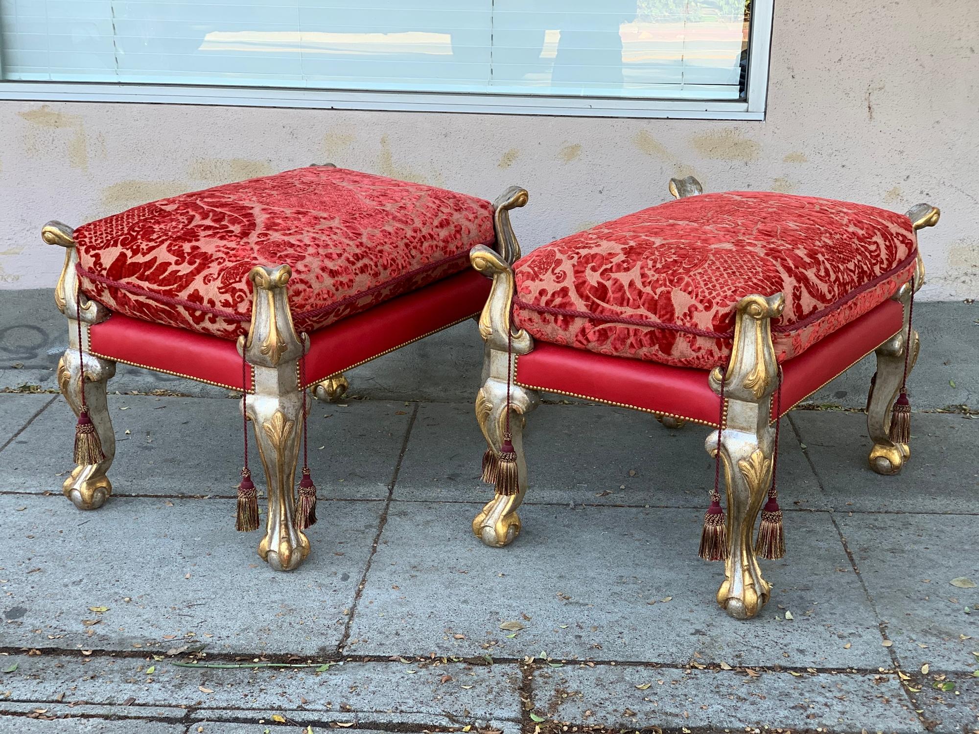 Vintage Pair of Empire Style Benches with a Gold and Silver Gilded Frames In Good Condition In Los Angeles, CA