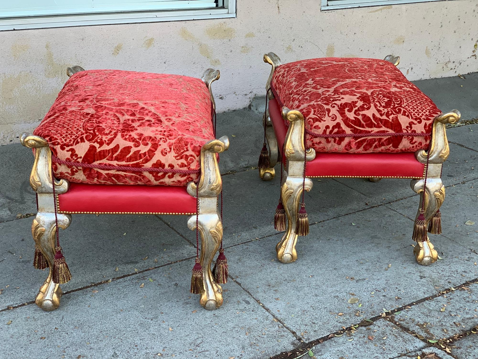 Mid-20th Century Vintage Pair of Empire Style Benches with a Gold and Silver Gilded Frames