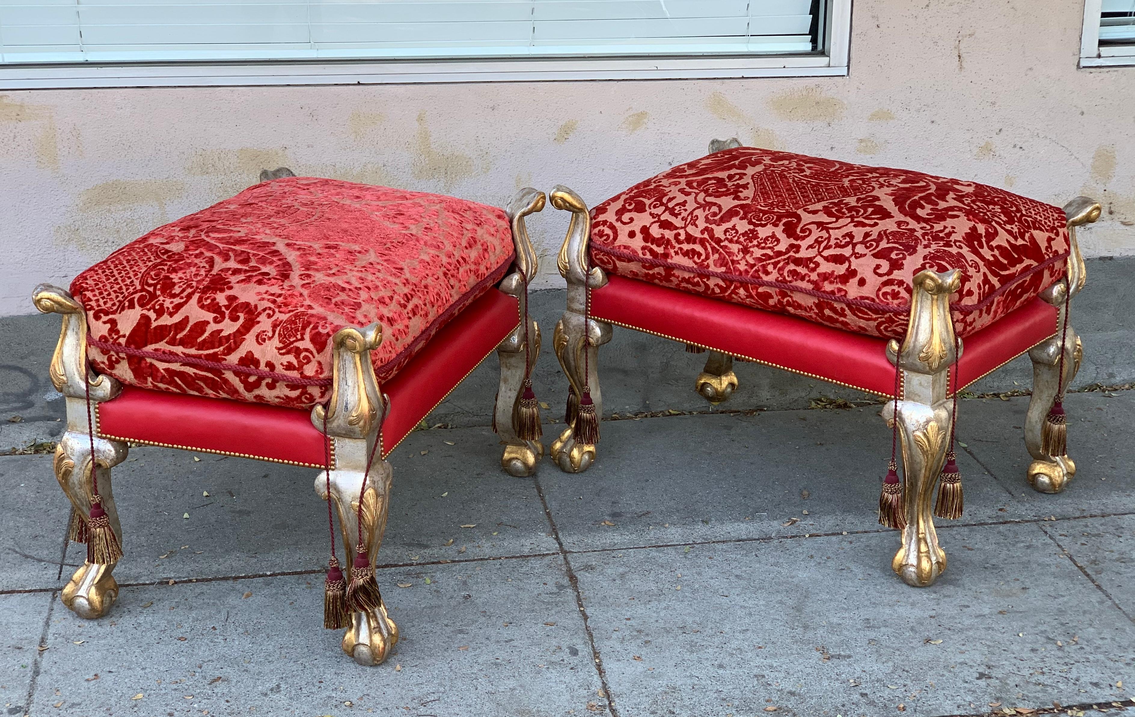 Vintage Pair of Empire Style Benches with a Gold and Silver Gilded Frames 1