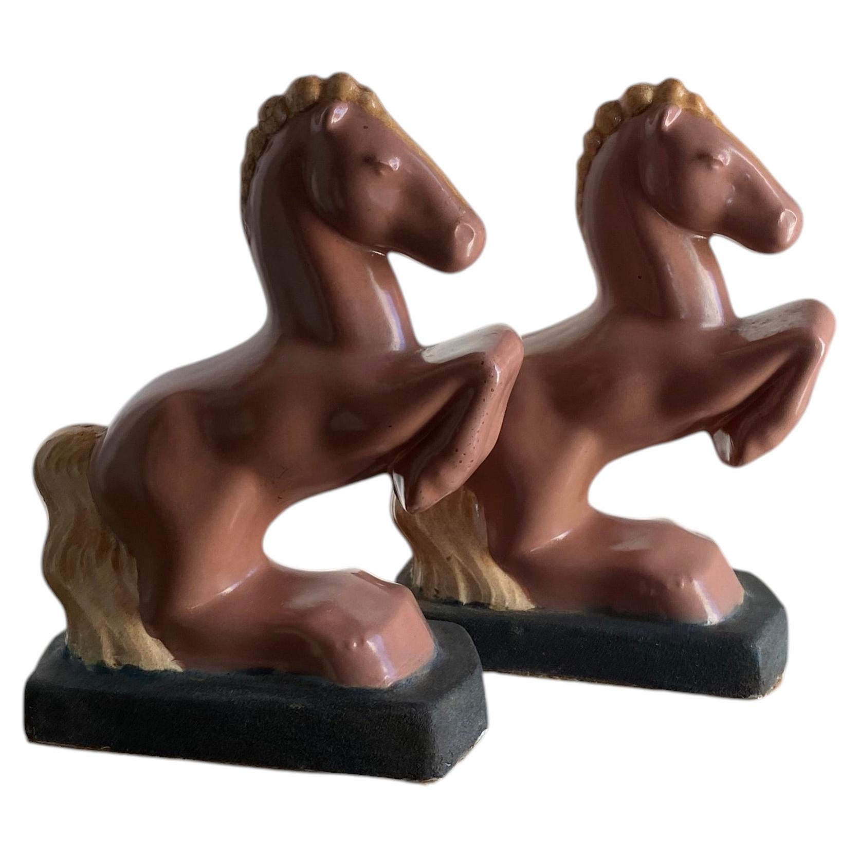 Vintage Pair of Enameled L.E. Smith Art Deco Slag Glass Horse
