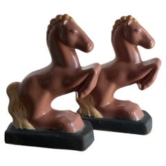 Vintage Pair of Enameled L.E. Smith Art Deco Slag Glass Horse Bookends