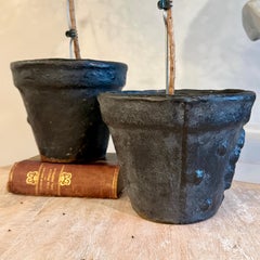 Vintage Pair of English Black Cast Iron Planters with Laurel Wreath Pattern