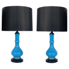 Vintage Pair of English Bristol Blue Glass Table Lamps with Shades