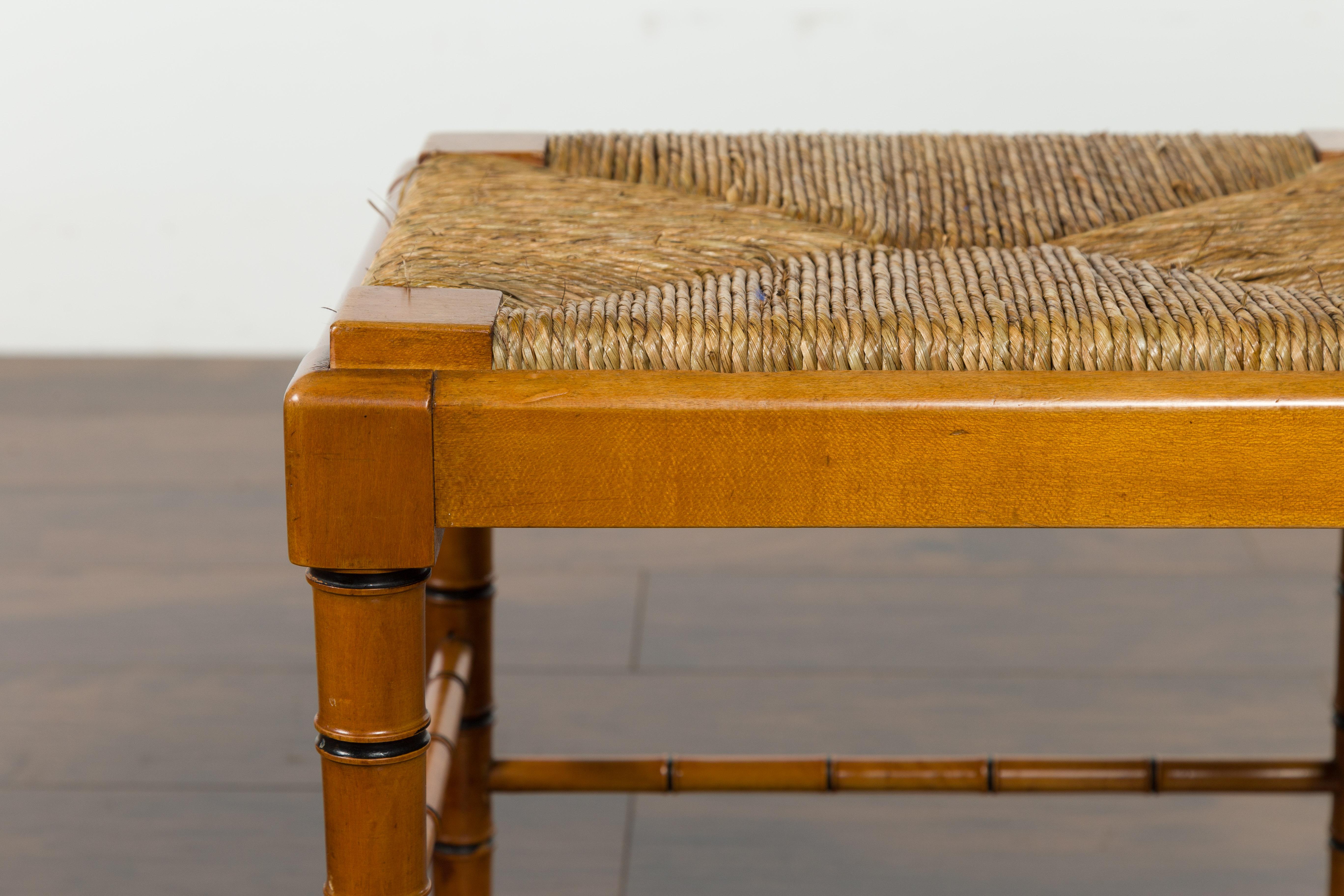 Vintage Pair of English Midcentury Faux Bamboo Walnut Stools with Rush Seats For Sale 5