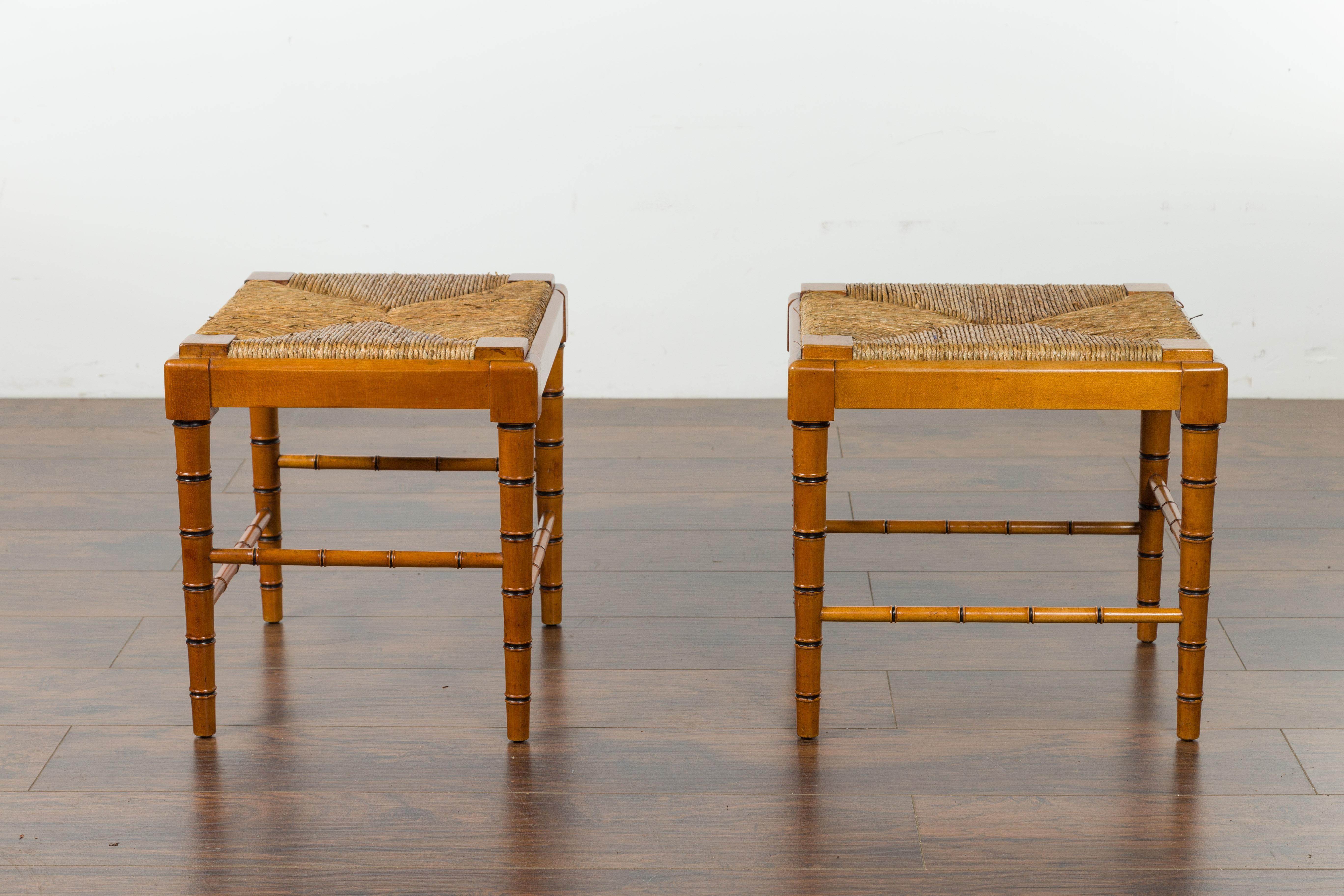 Vintage Pair of English Midcentury Faux Bamboo Walnut Stools with Rush Seats For Sale 7