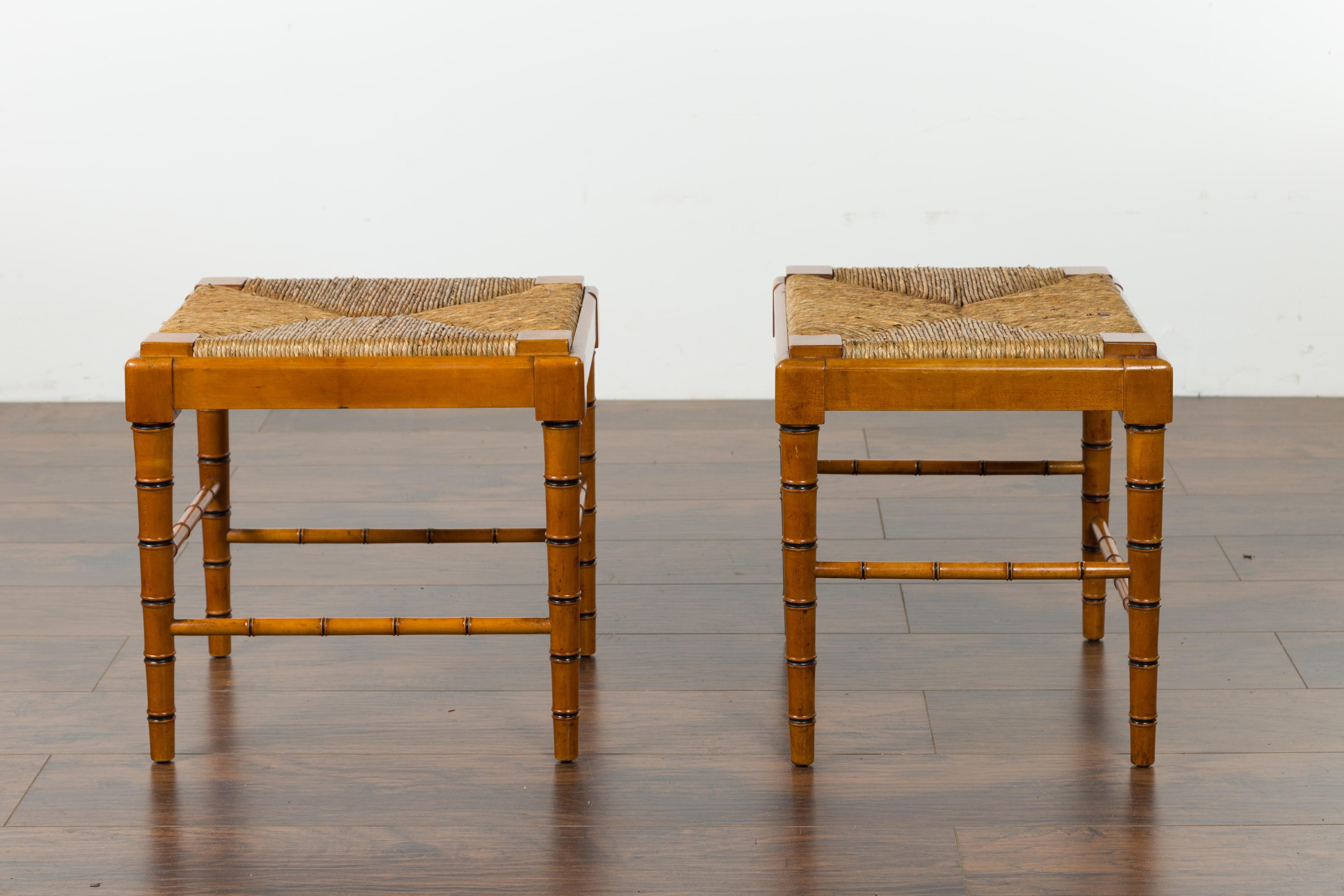 Vintage Pair of English Midcentury Faux Bamboo Walnut Stools with Rush Seats For Sale 8