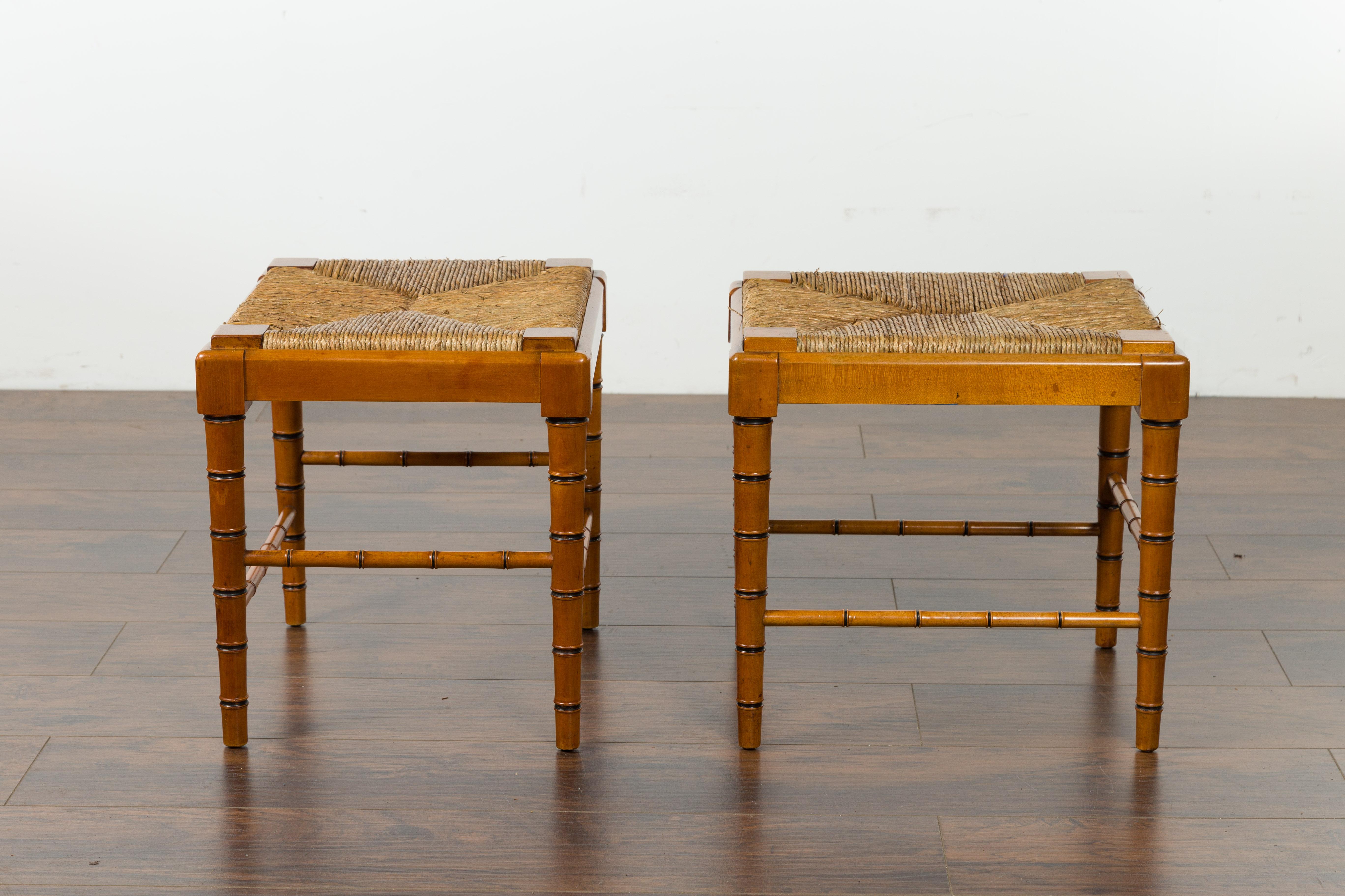 Vintage Pair of English Midcentury Faux Bamboo Walnut Stools with Rush Seats For Sale 9
