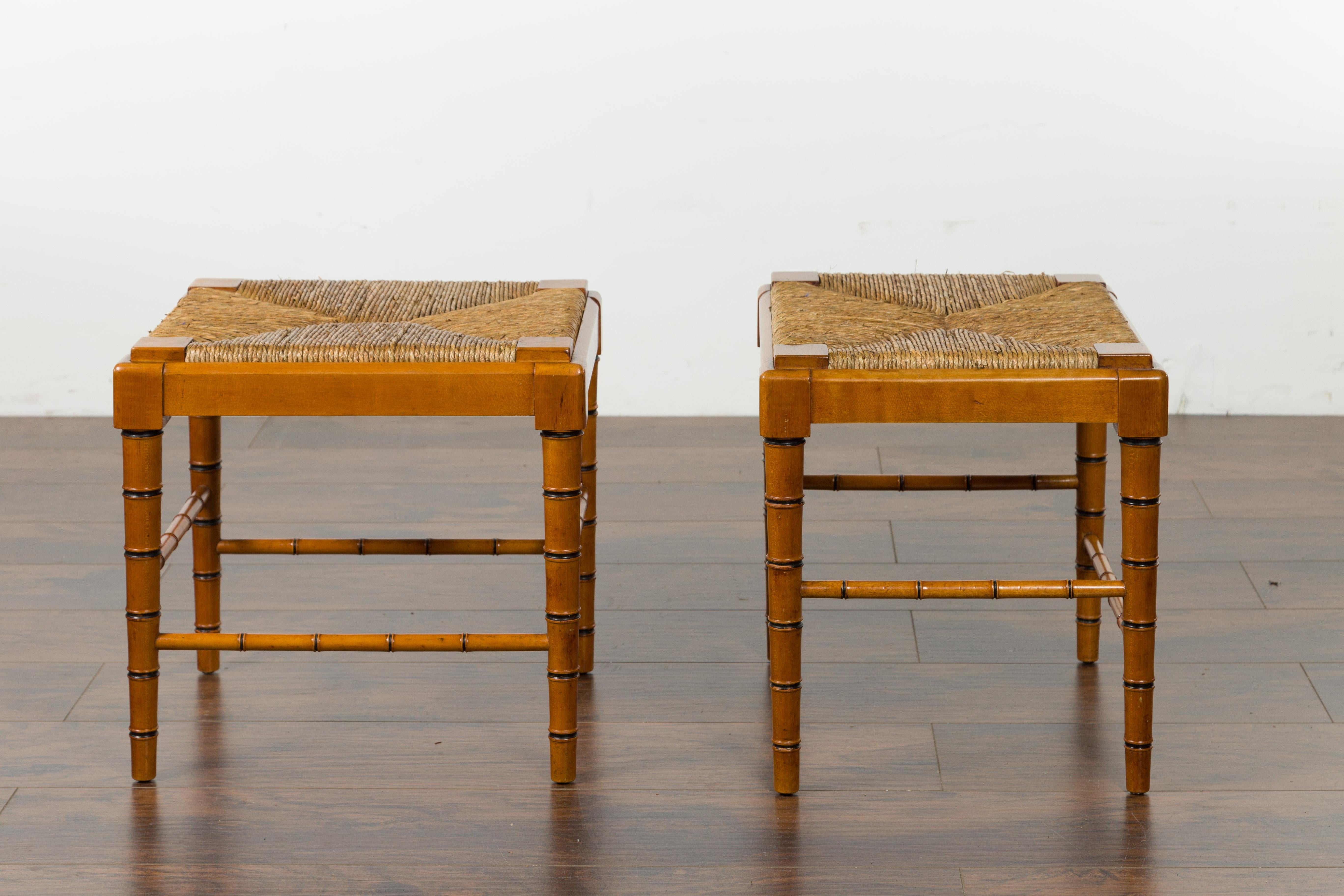 Vintage Pair of English Midcentury Faux Bamboo Walnut Stools with Rush Seats For Sale 10