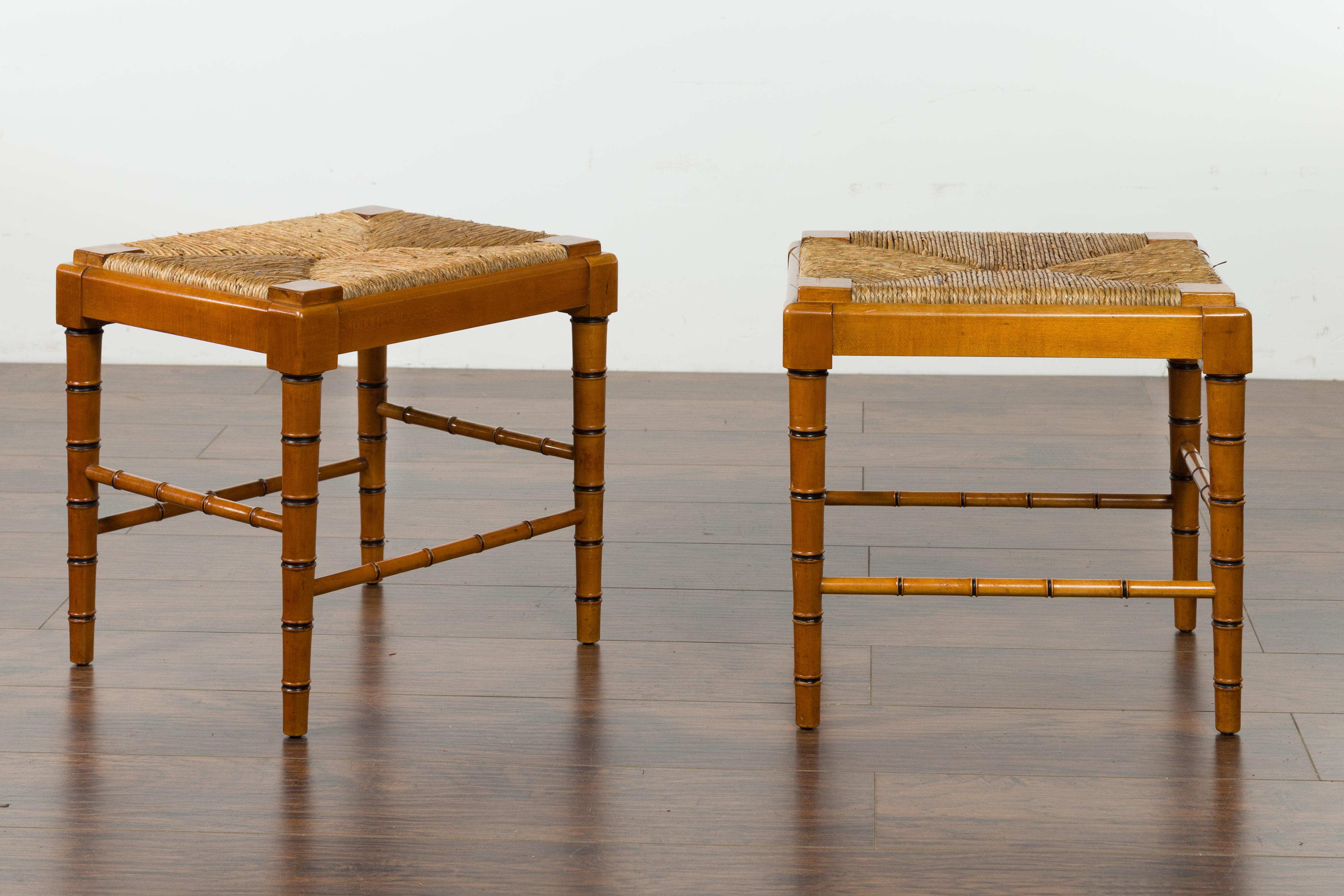 Vintage Pair of English Midcentury Faux Bamboo Walnut Stools with Rush Seats For Sale 2