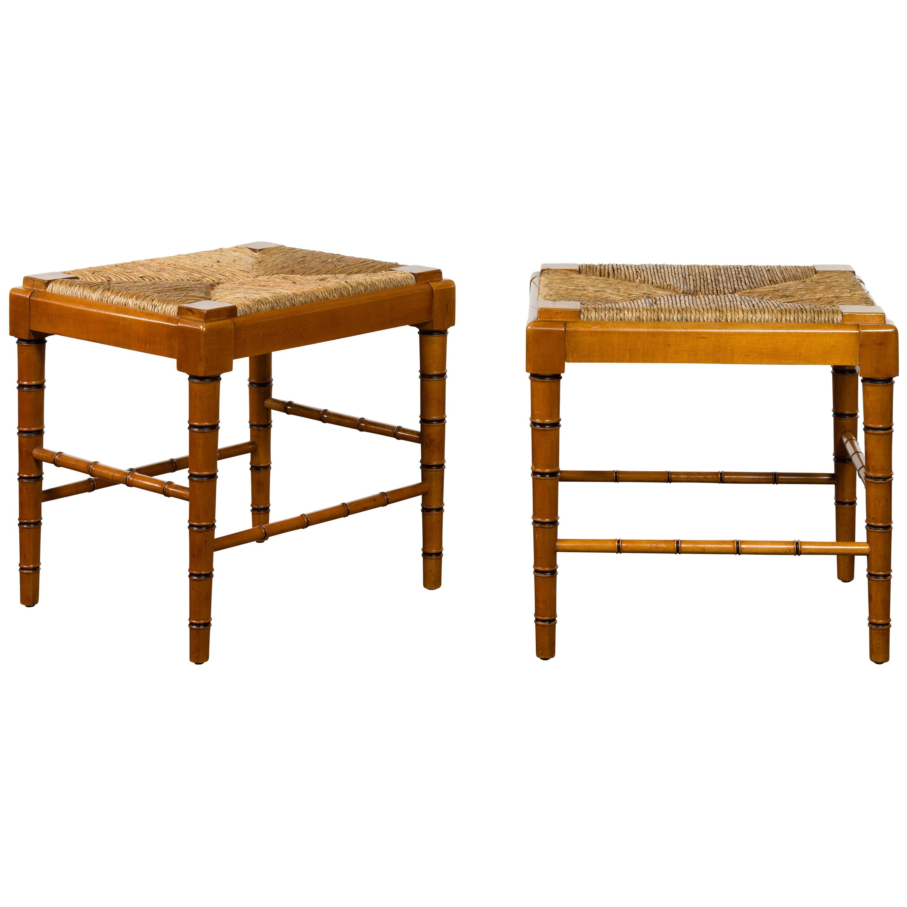 Vintage Pair of English Midcentury Faux Bamboo Walnut Stools with Rush Seats