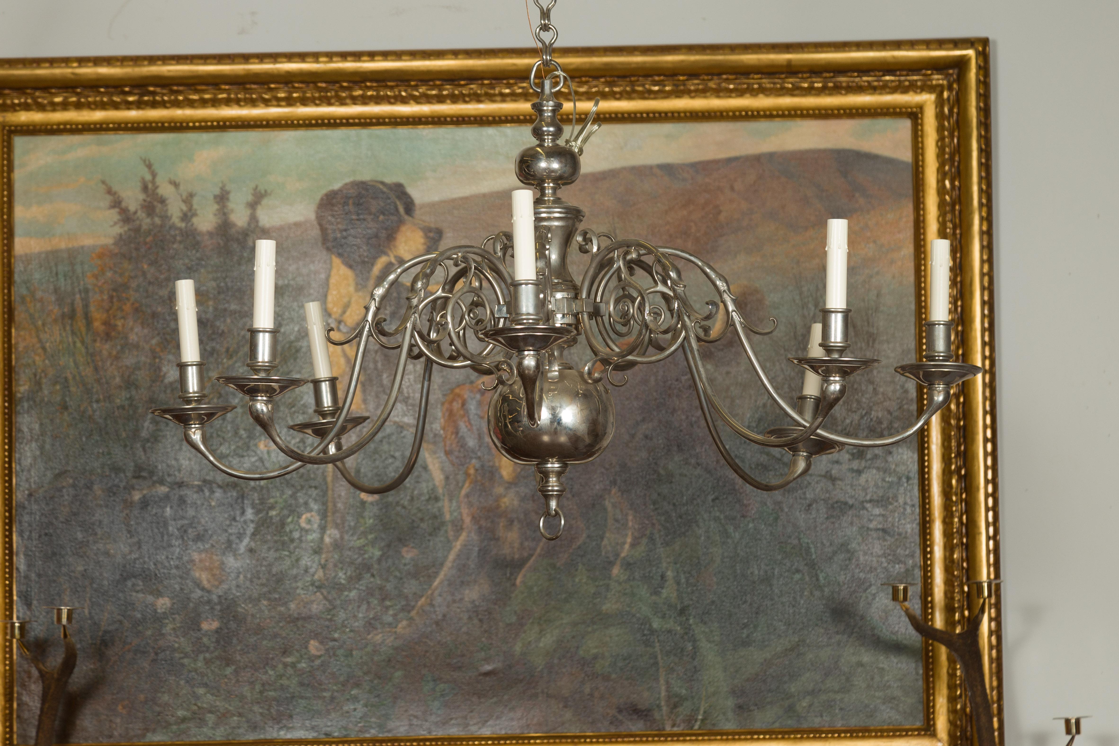 Vintage Pair of English Silver Plated Eight-Light Chandeliers, circa 1950 For Sale 5