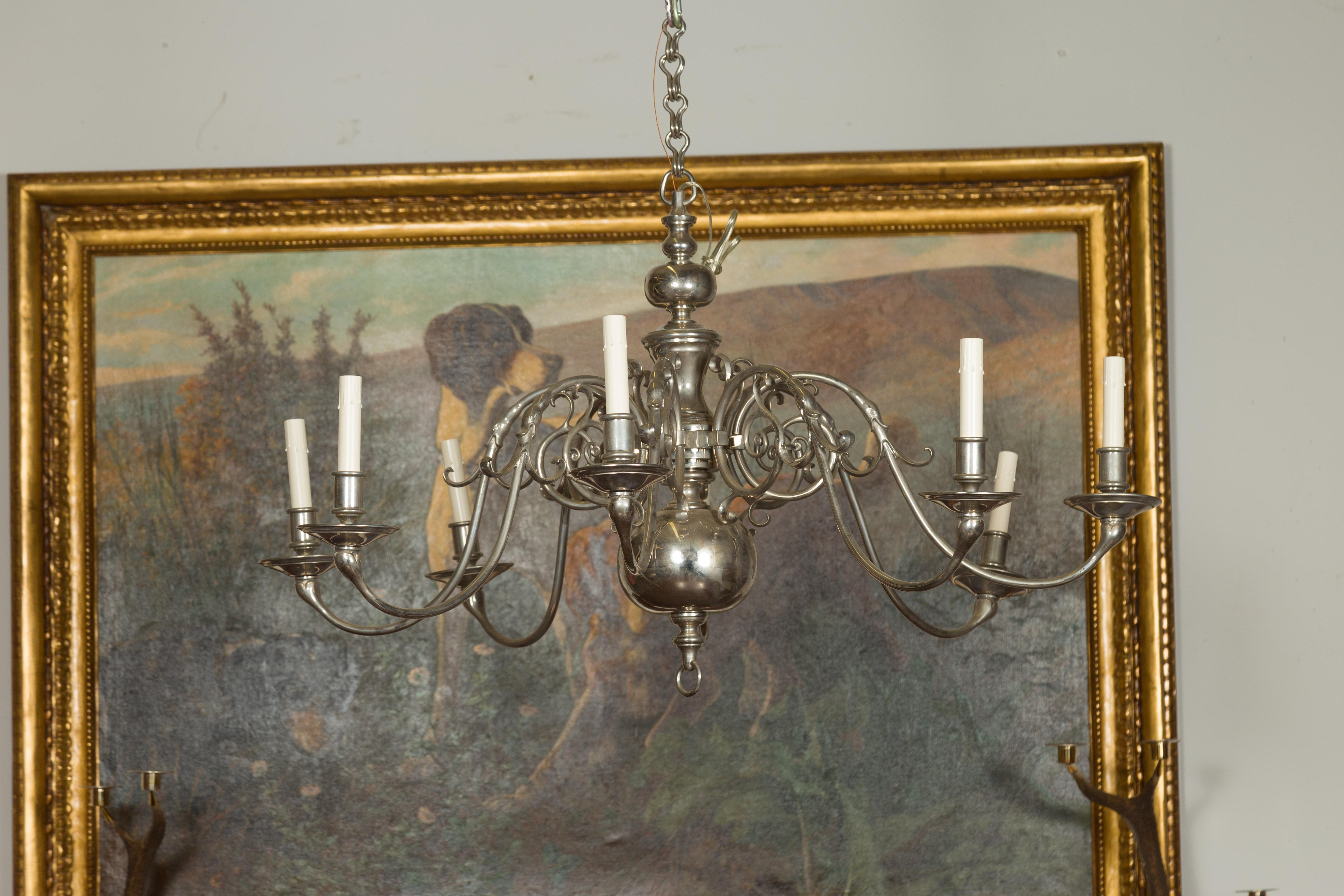 Vintage Pair of English Silver Plated Eight-Light Chandeliers, circa 1950 For Sale 6