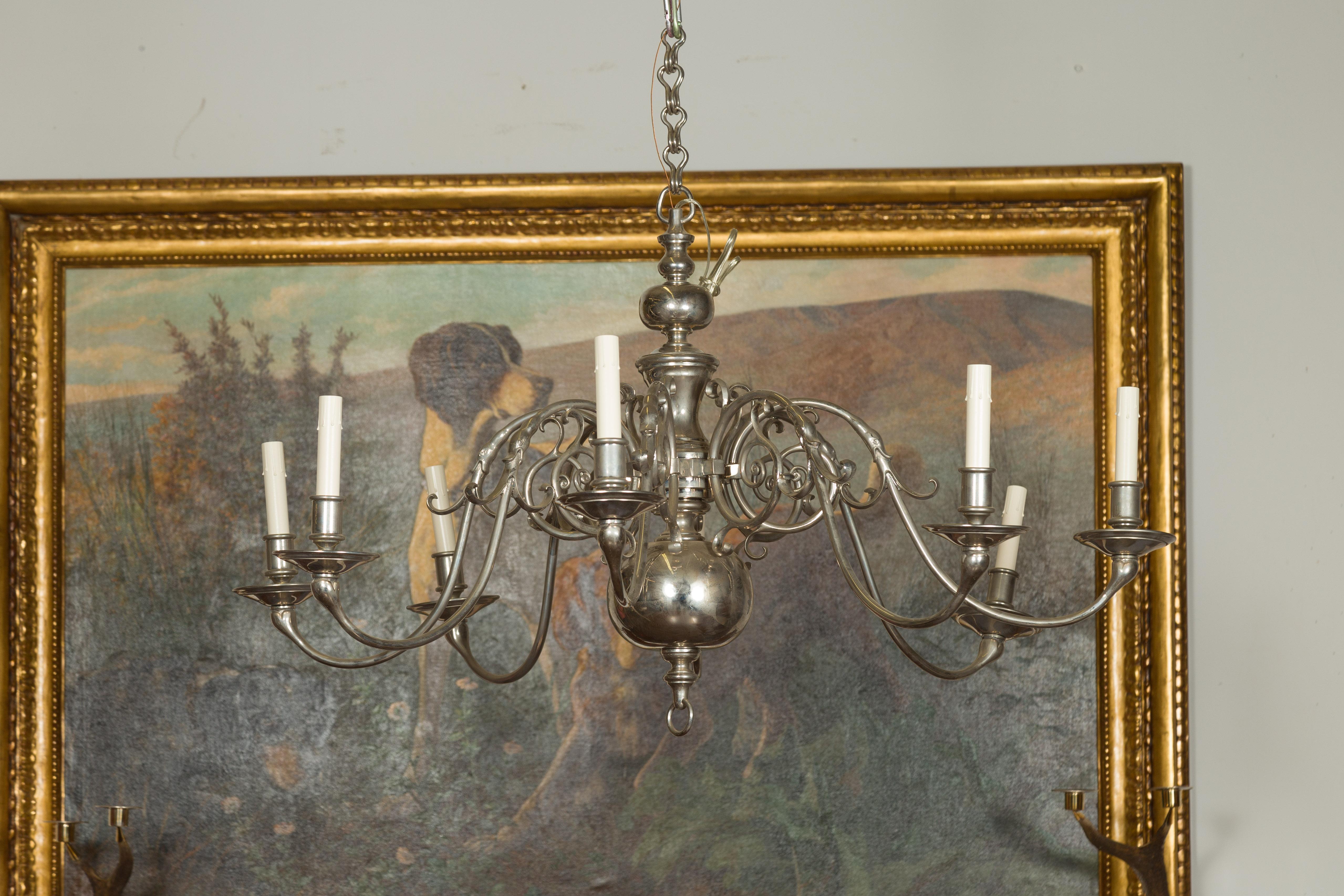 Vintage Pair of English Silver Plated Eight-Light Chandeliers, circa 1950 For Sale 7
