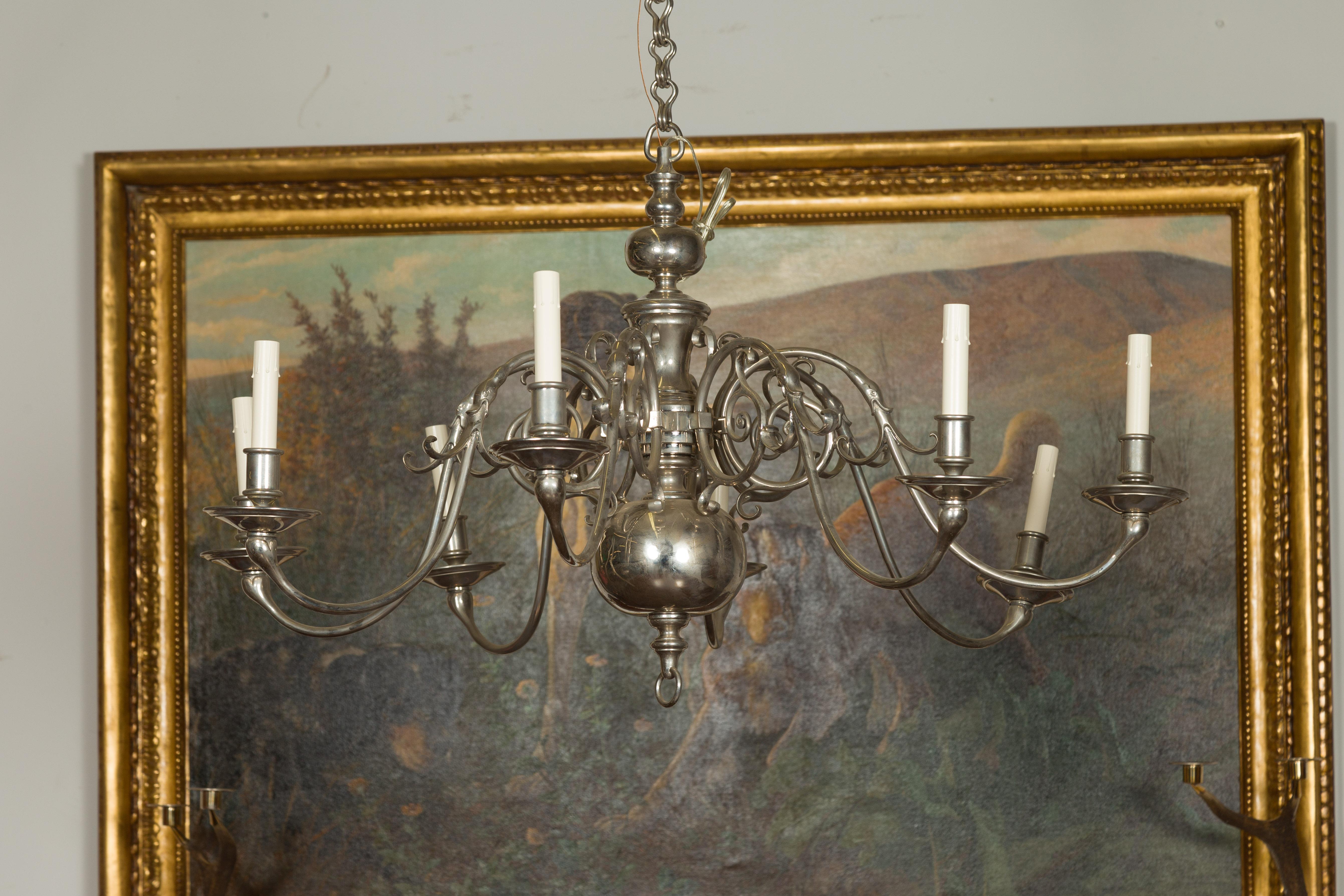 Vintage Pair of English Silver Plated Eight-Light Chandeliers, circa 1950 For Sale 8