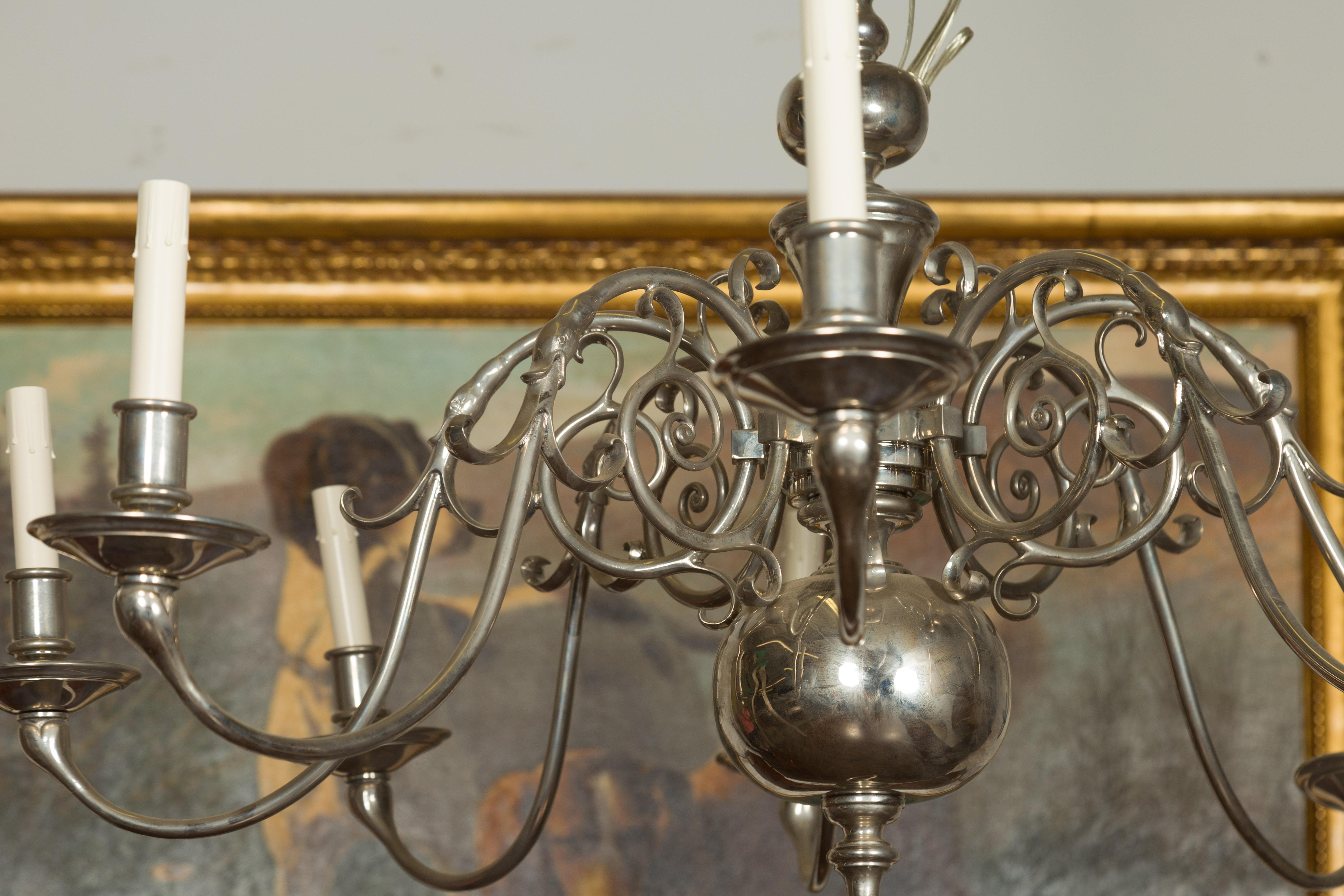 Vintage Pair of English Silver Plated Eight-Light Chandeliers, circa 1950 For Sale 9