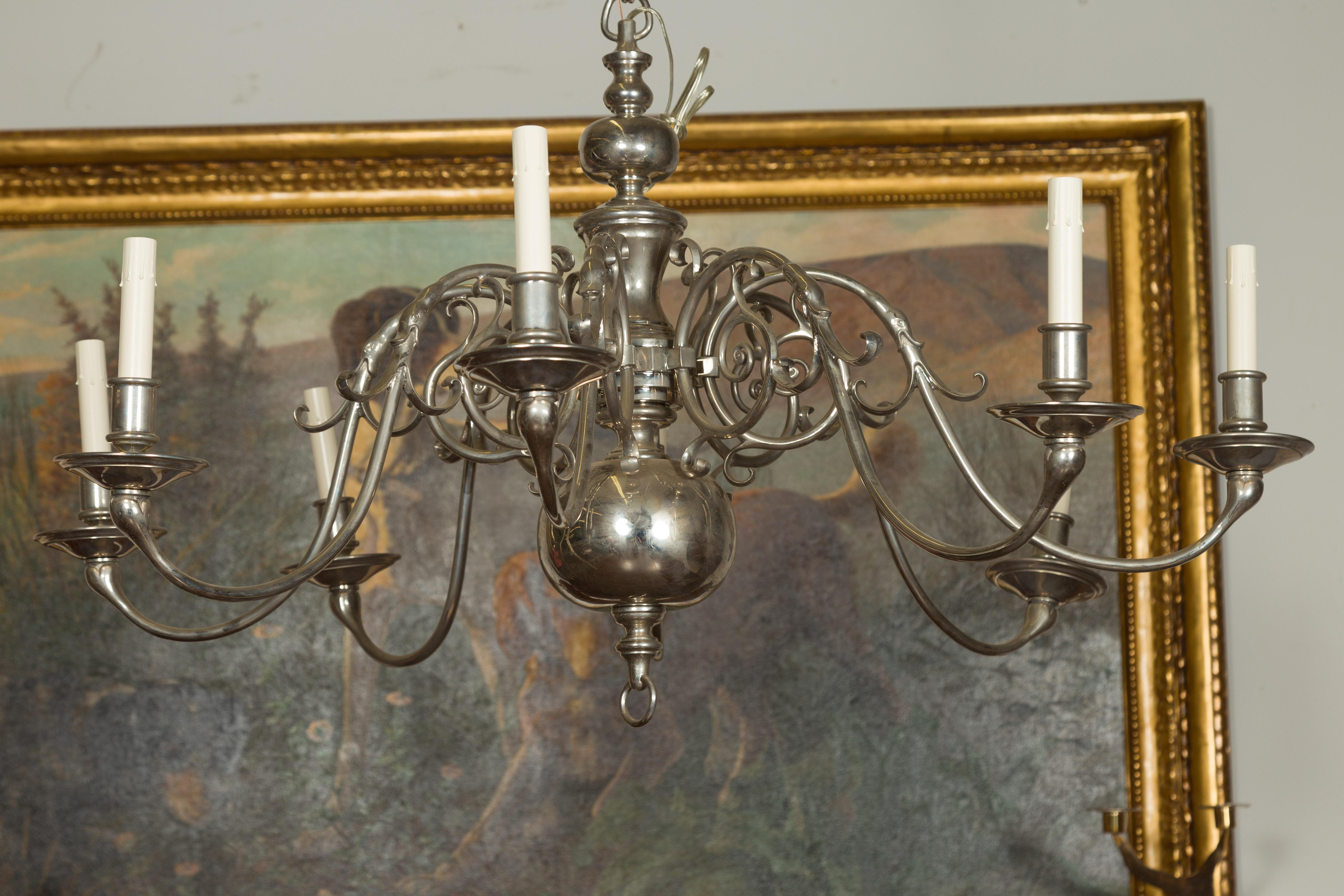 Vintage Pair of English Silver Plated Eight-Light Chandeliers, circa 1950 For Sale 10