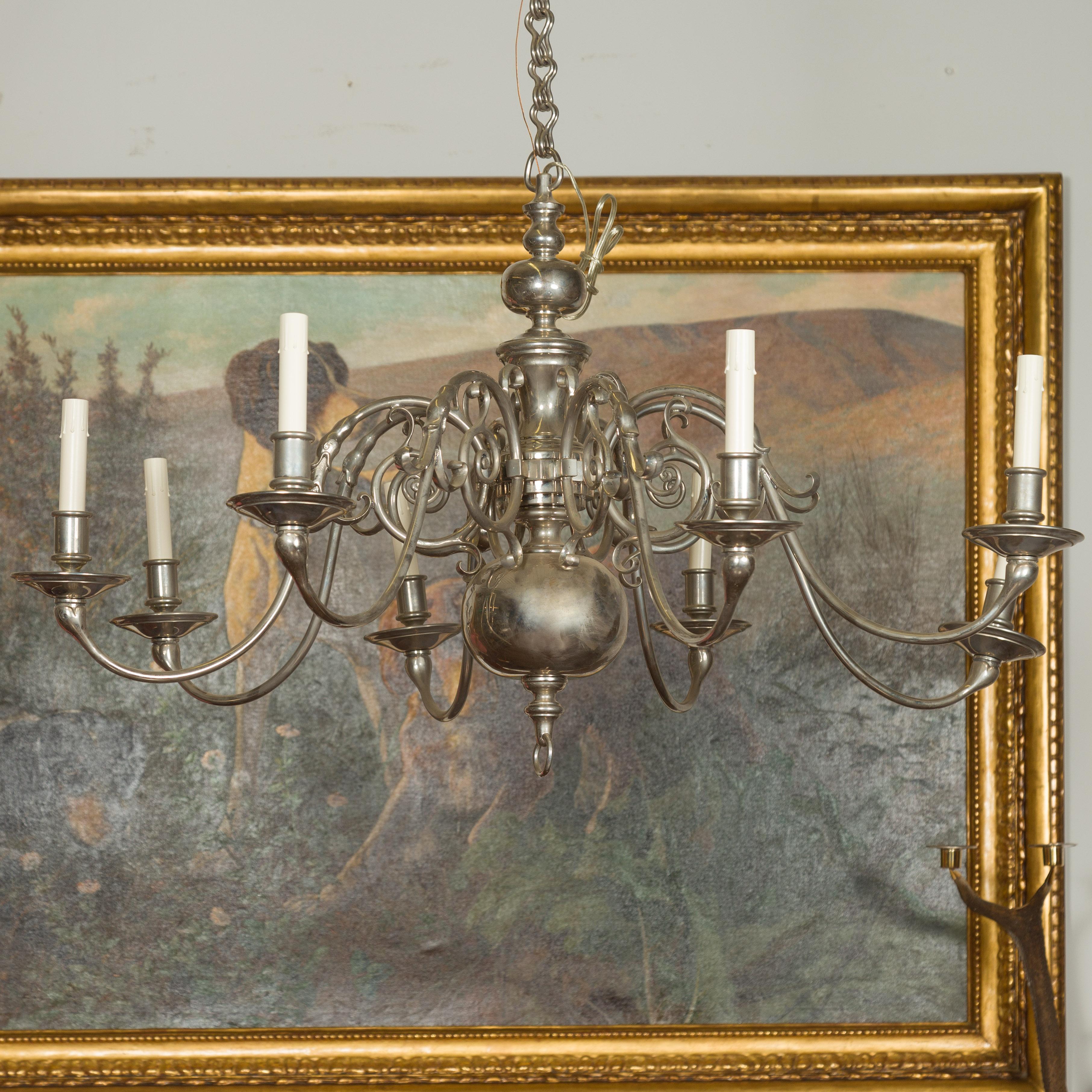 Vintage Pair of English Silver Plated Eight-Light Chandeliers, circa 1950 For Sale 12