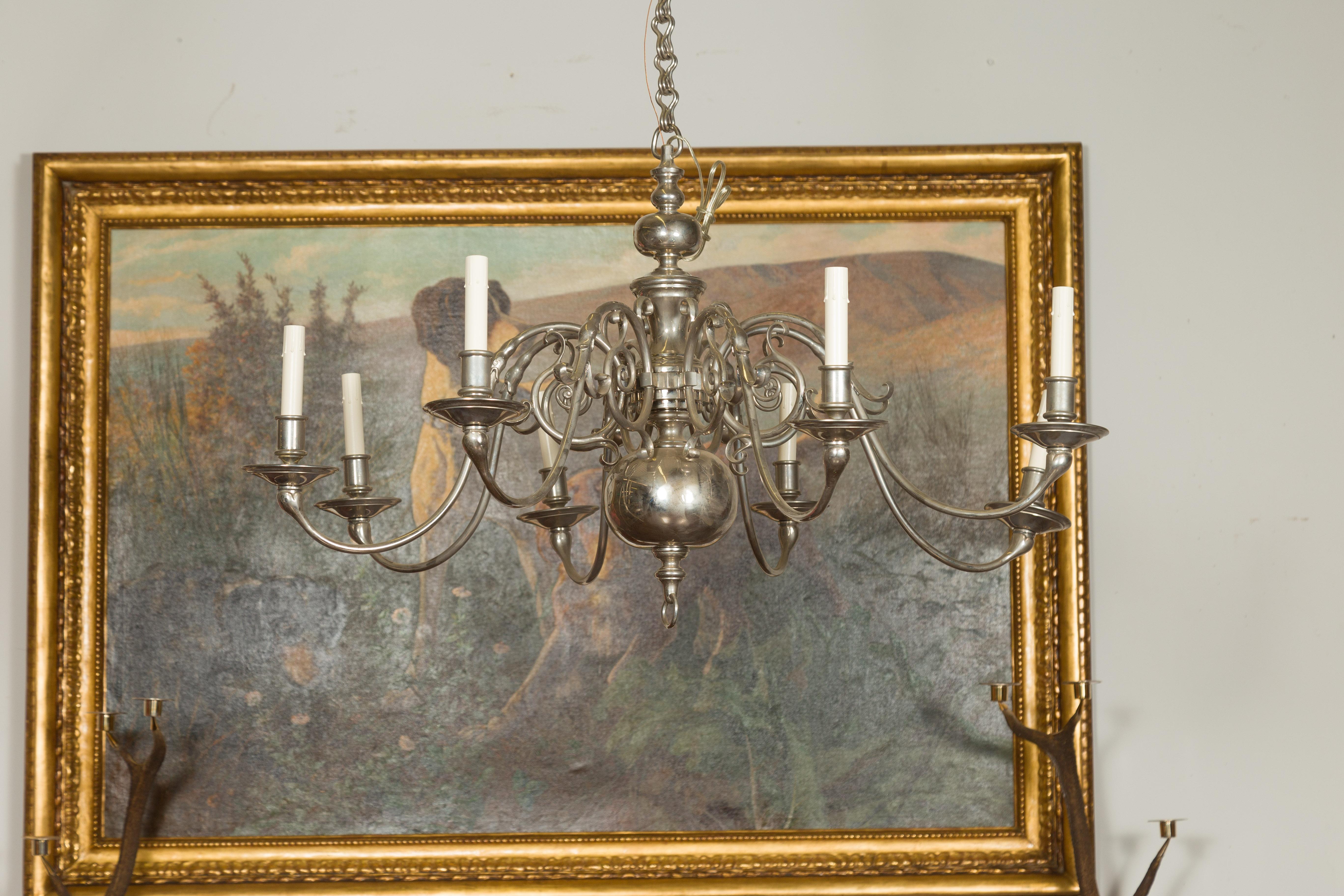 Vintage Pair of English Silver Plated Eight-Light Chandeliers, circa 1950 For Sale 13